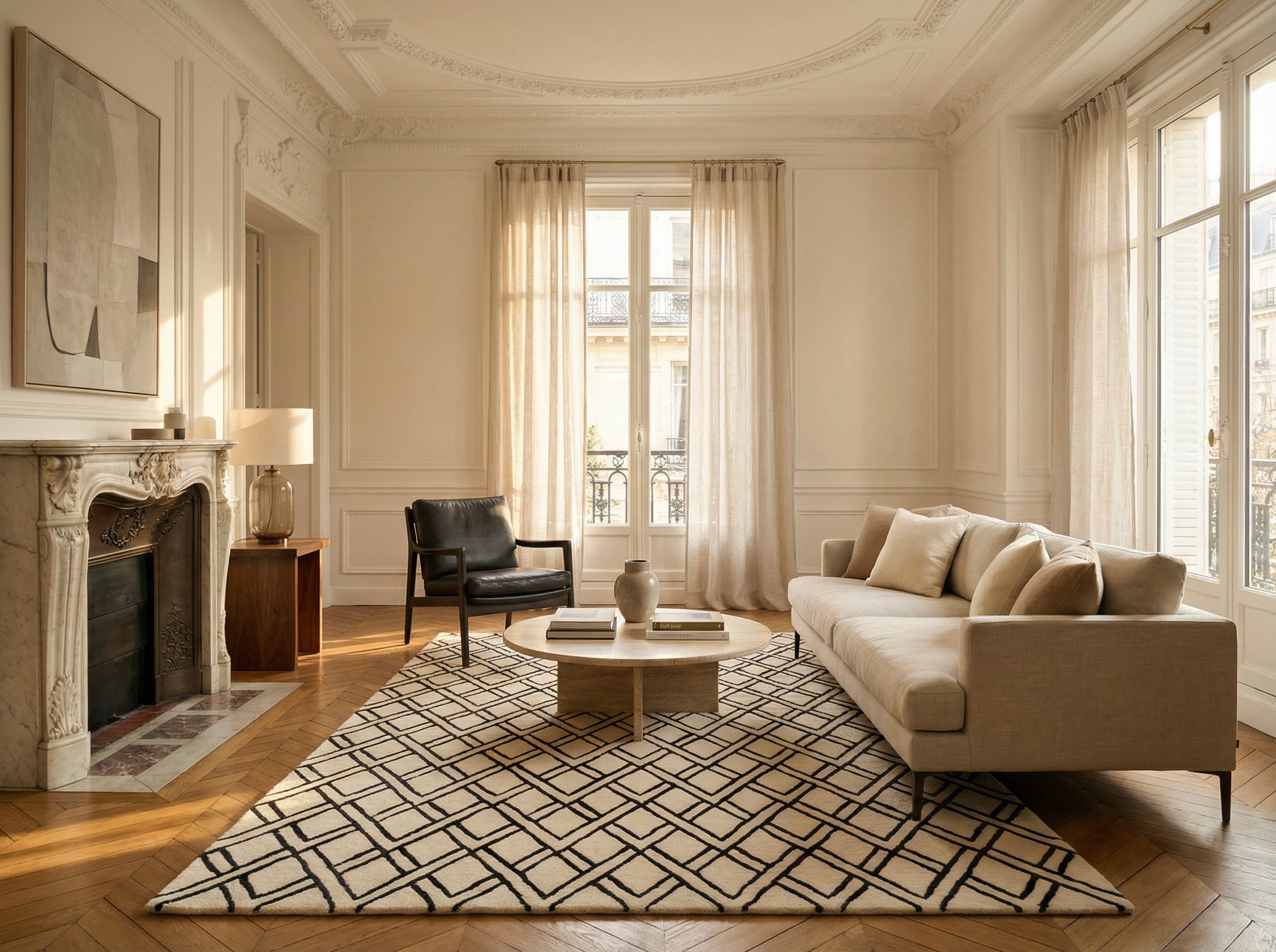 Tapis rectangulaire noir et ivoire, motif géométrique dans un salon clair, ambiance chaleureuse et élégante