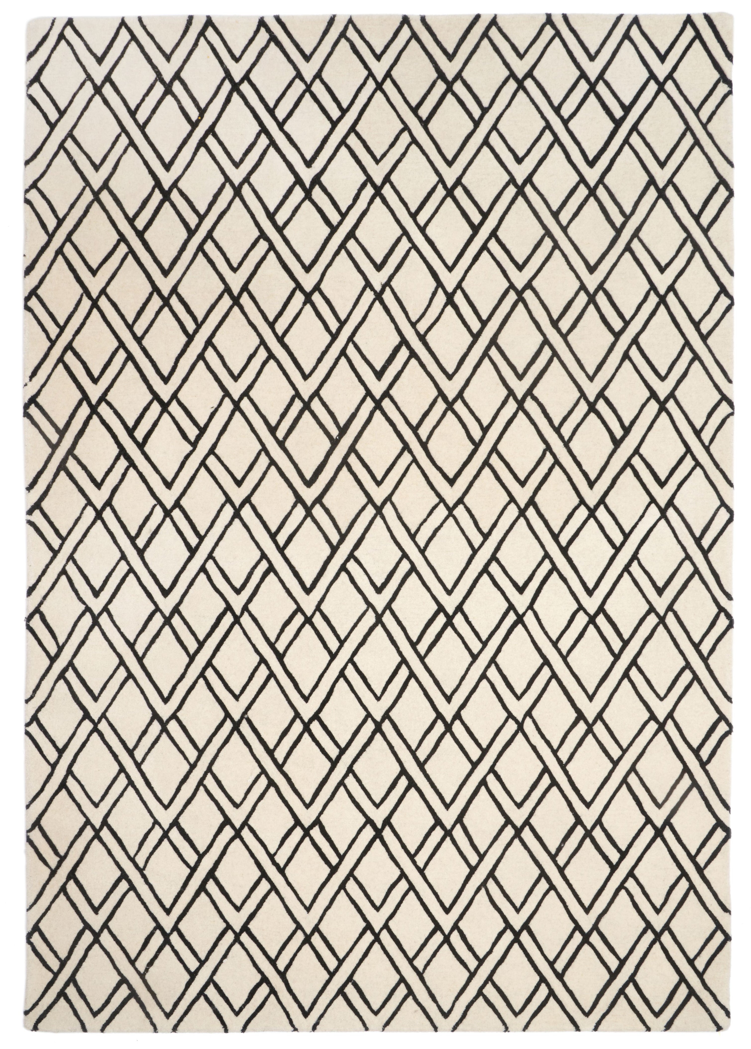 Tapis rectangulaire ivoire et noir, motif géométrique en losanges, style contemporain, ambiance épurée