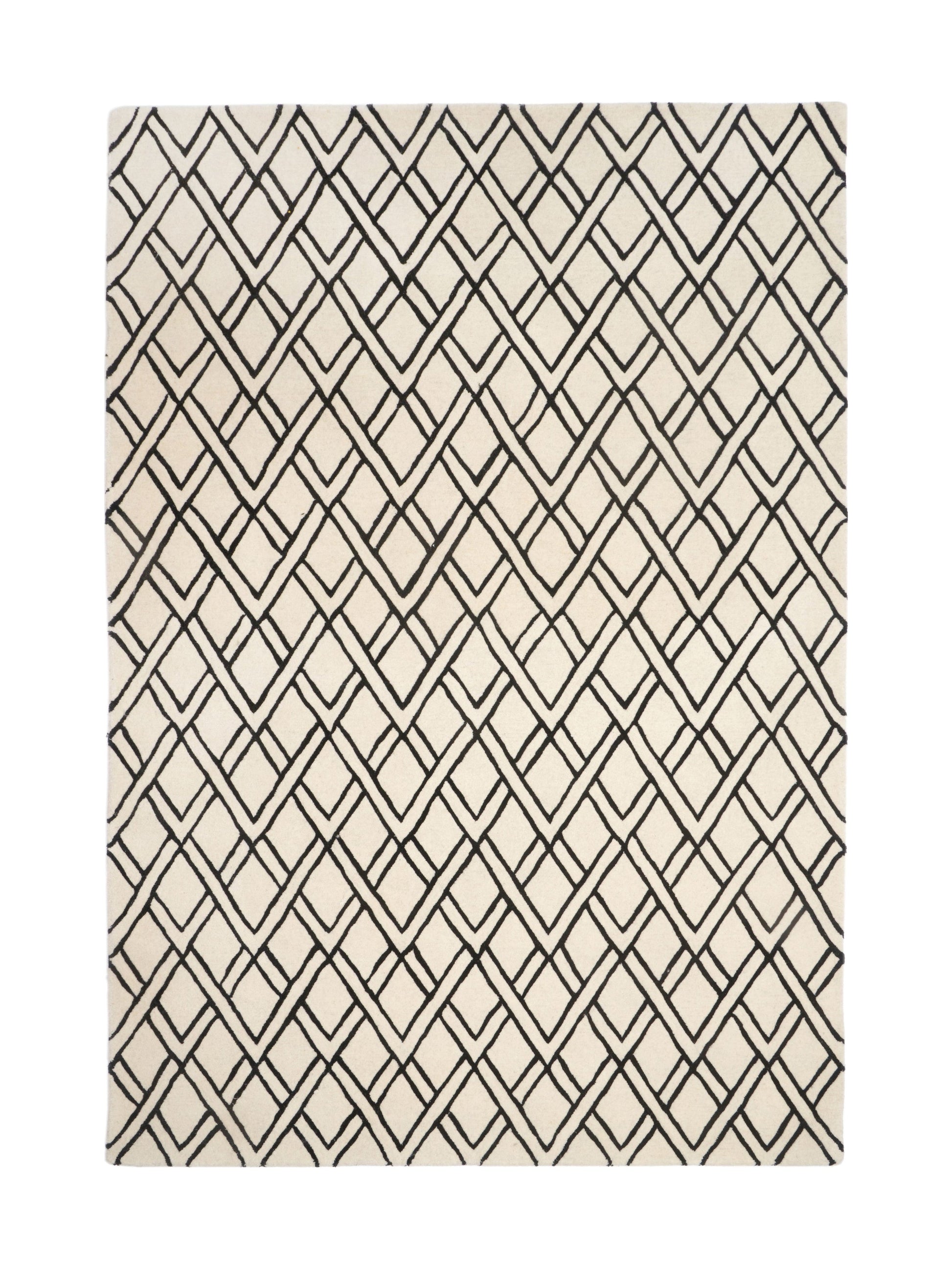 Tapis rectangulaire ivoire et noir, motif géométrique en losanges, style contemporain, ambiance épurée