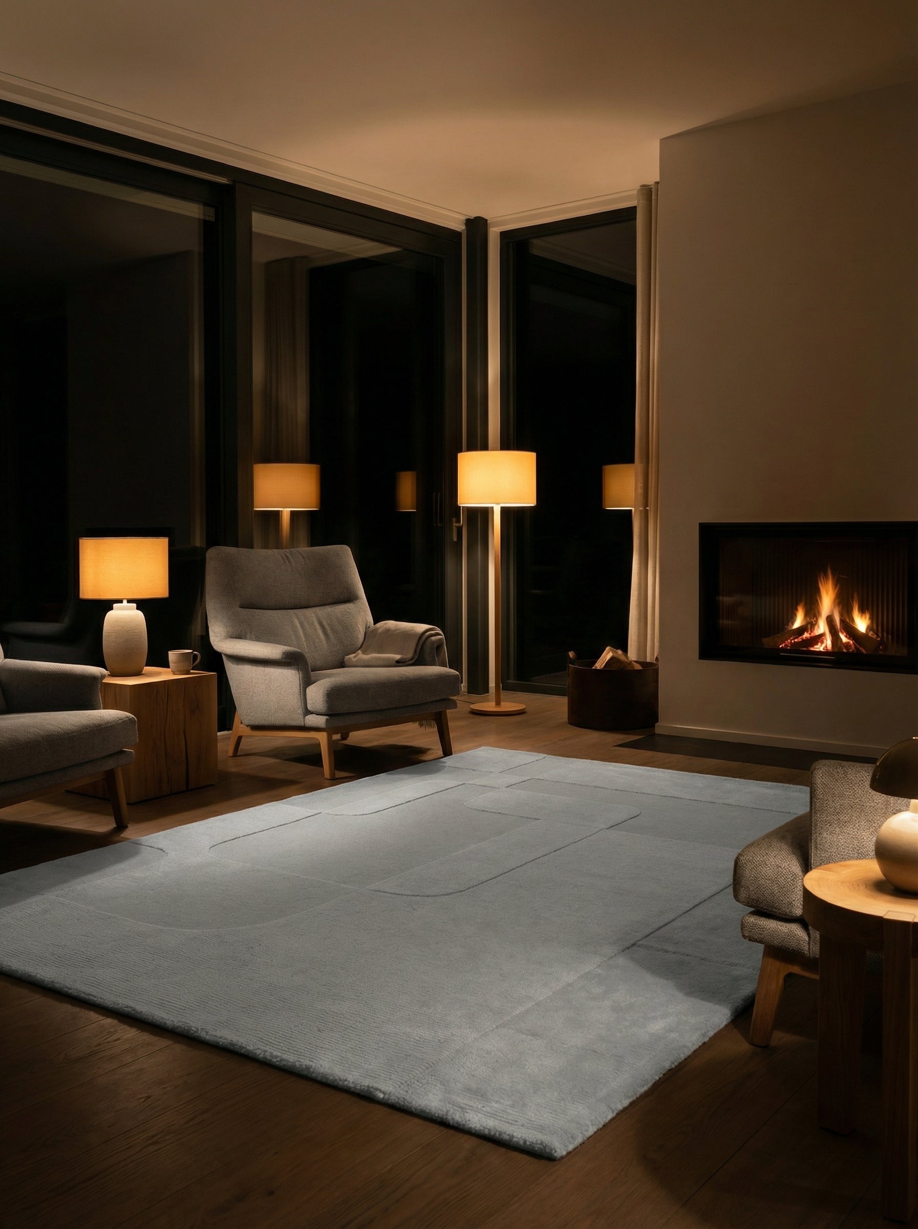 Tapis rectangulaire gris clair, ambiance cosy dans une pièce éclairée d'une lumière chaude