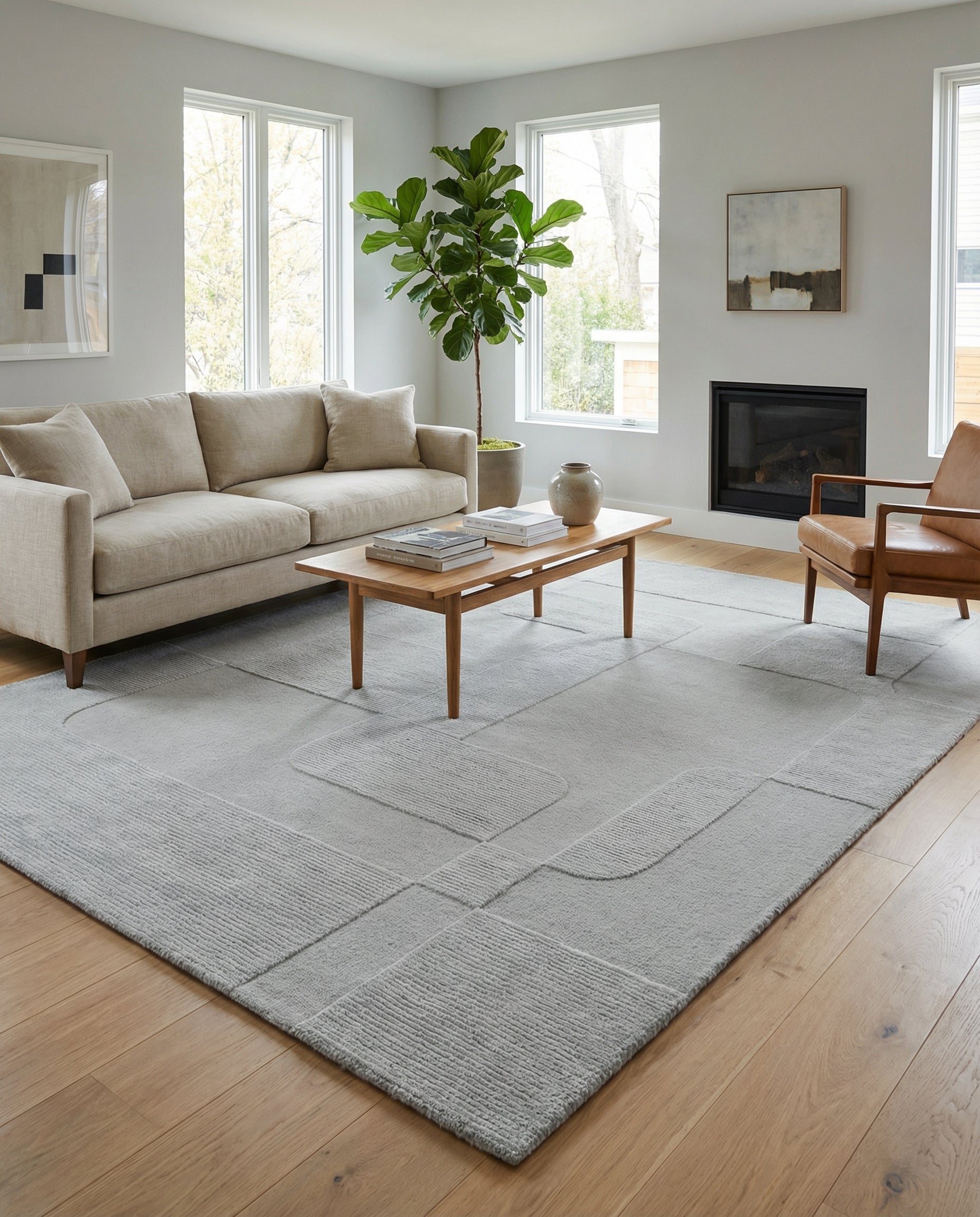 Tapis rectangulaire gris clair dans une pièce lumineuse. Ambiance chaleureuse grâce au tapis texturé