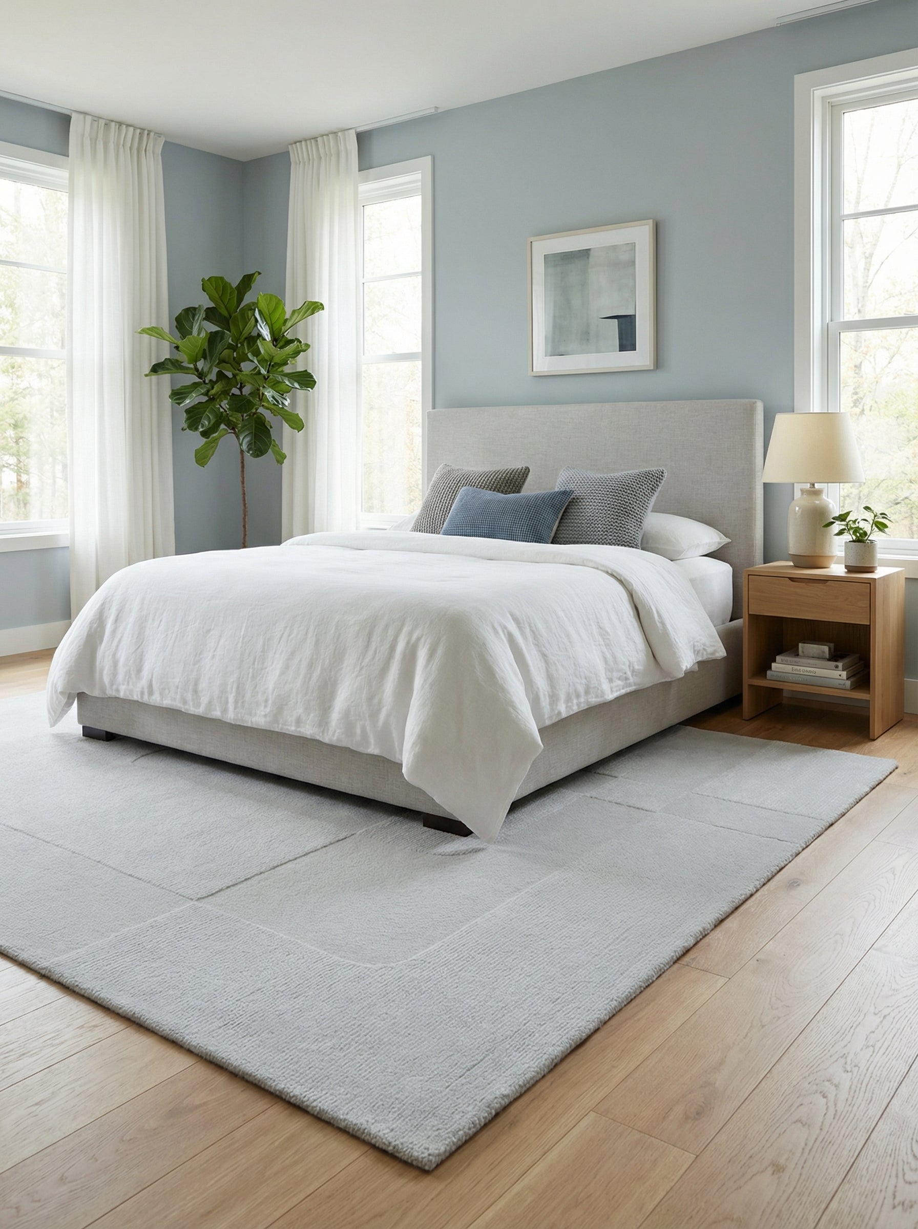 Tapis rectangulaire gris clair dans une chambre. Harmonie des couleurs avec le parquet ambré. Ambiance apaisante