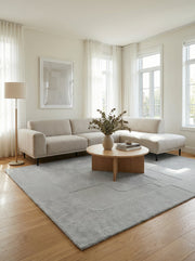 Tapis gris rectangulaire au design épuré. Style contemporain dans un salon clair