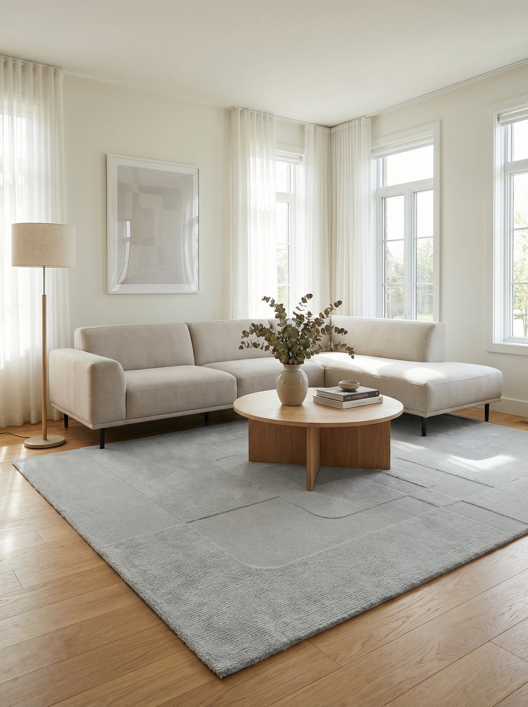 Tapis gris rectangulaire au design épuré. Style contemporain dans un salon clair