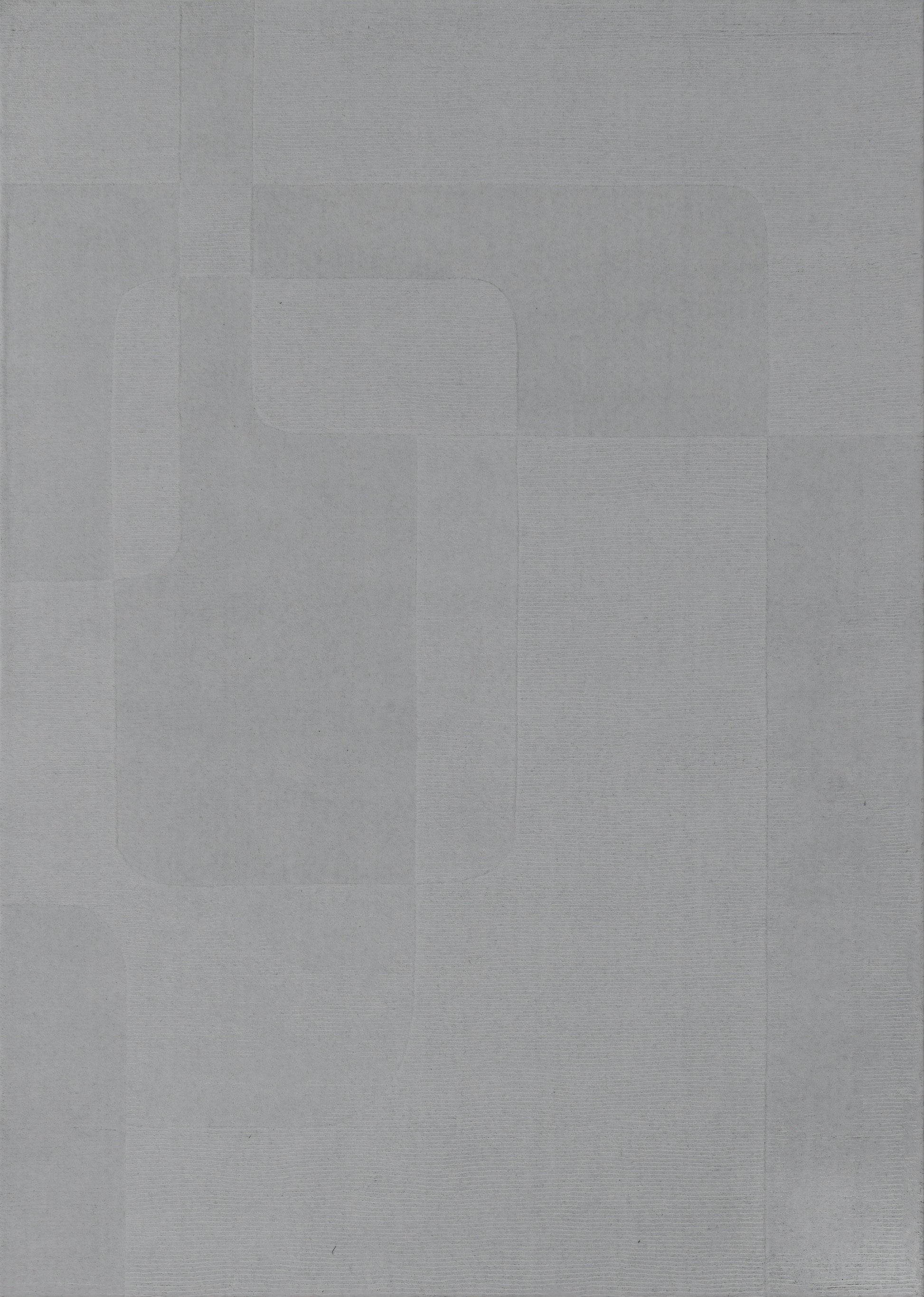 Tapis rectangulaire gris clair avec un motif géométrique abstrait, ambiance minimaliste