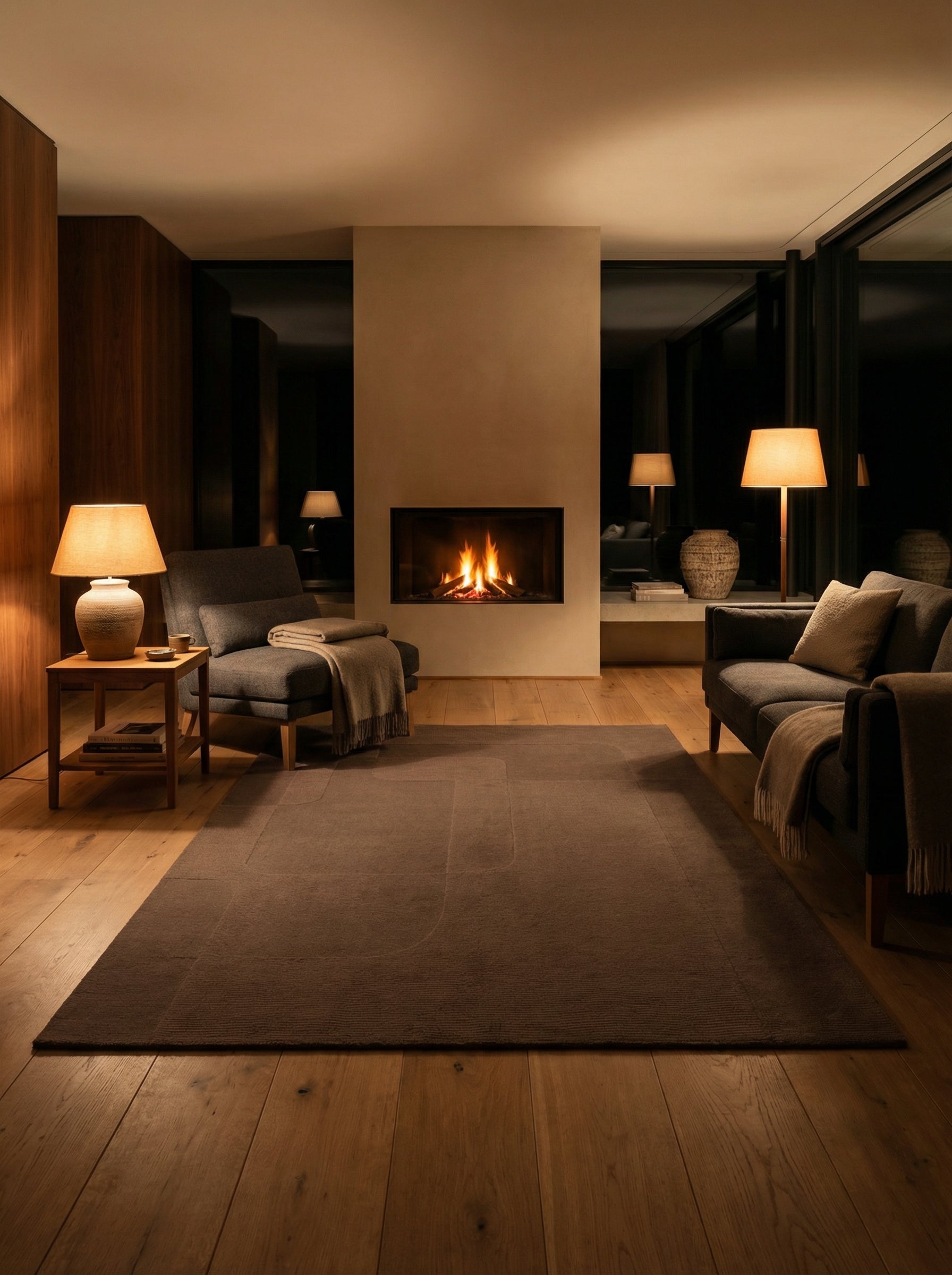 Tapis rectangulaire marron dans une pièce chaleureuse. Lumière chaude, ambiance cosy