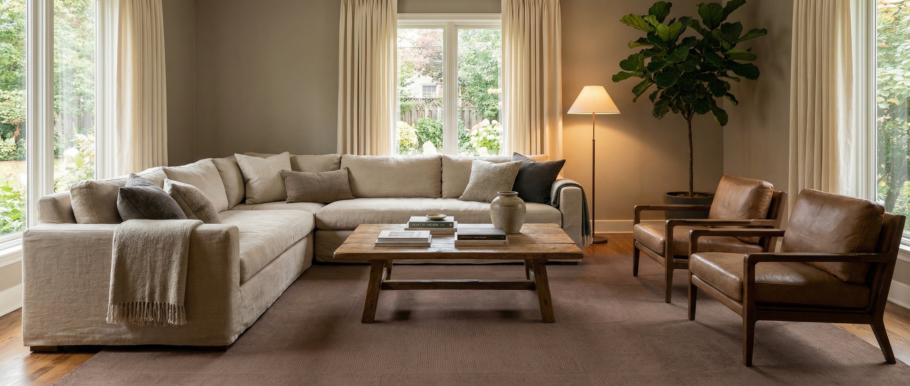 Transformation subtile. Tapis rectangulaire marron chocolat. Pièce harmonieuse, ambiance chaleureuse