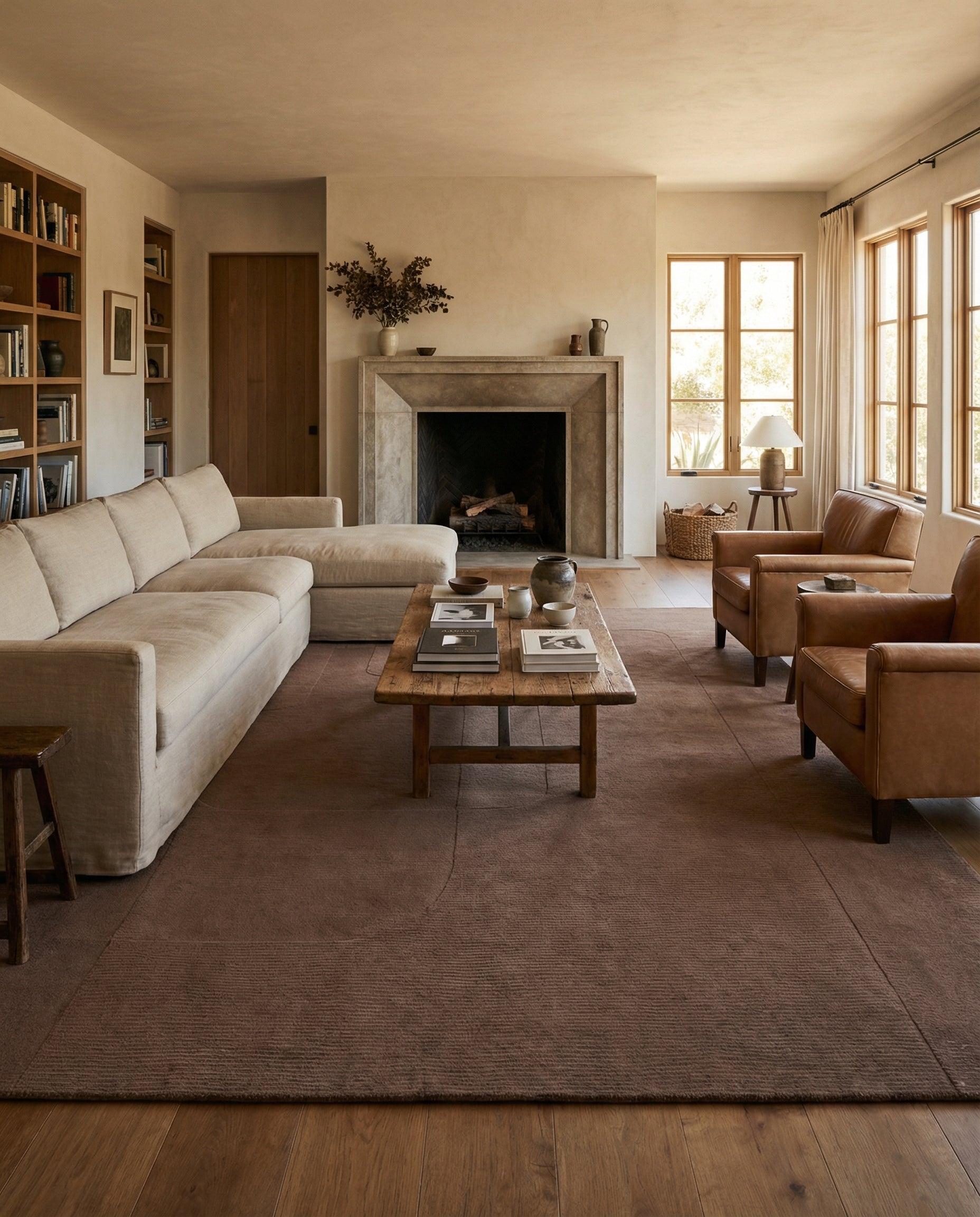 Tapis rectangulaire marron chocolat, pièce chaleureuse. Le tapis ancre l'espace, ajoute confort et harmonie