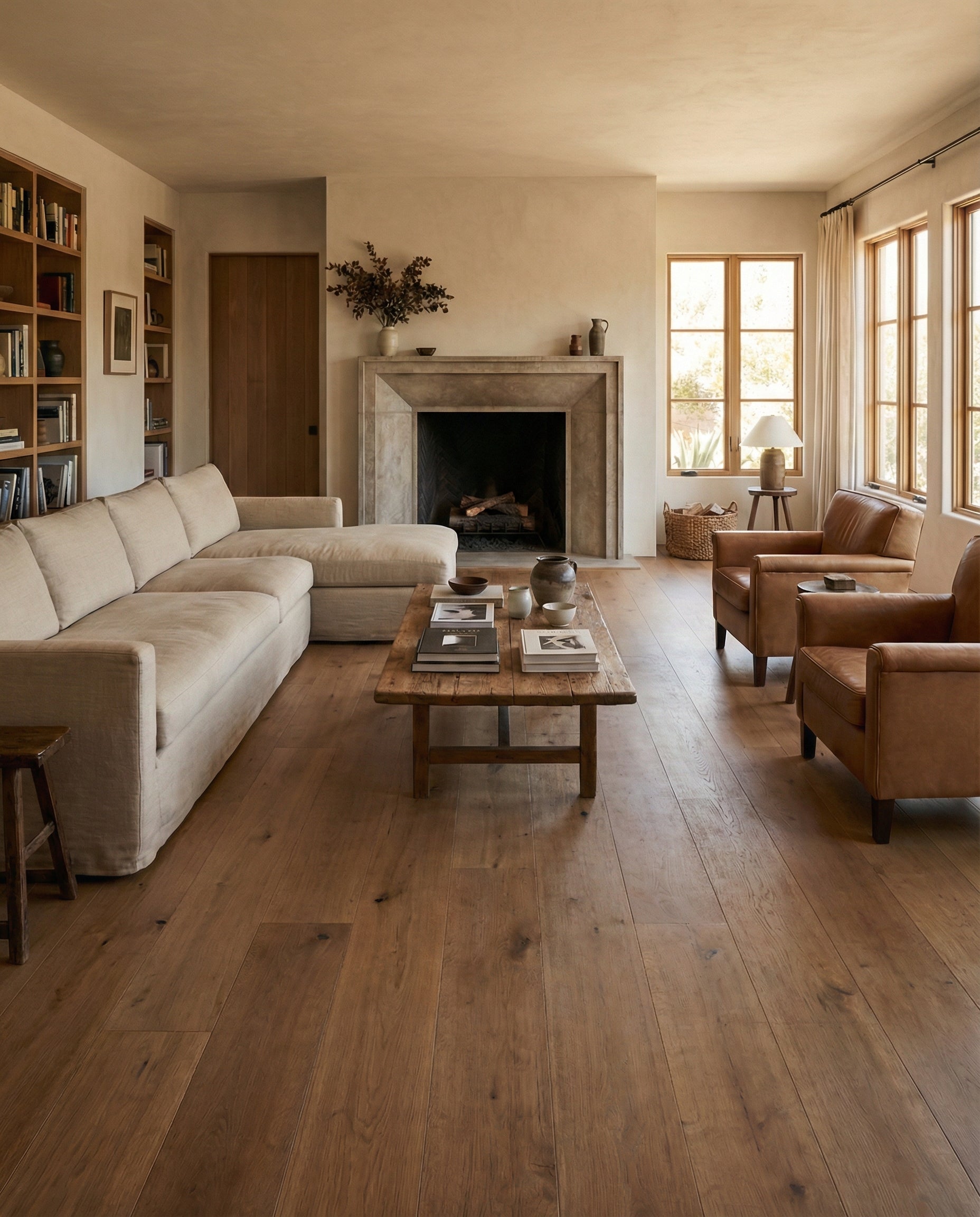 Pièce avec plancher en bois, canapé clair, fauteuils en cuir, cheminée, ambiance chaleureuse, espace à transformer
