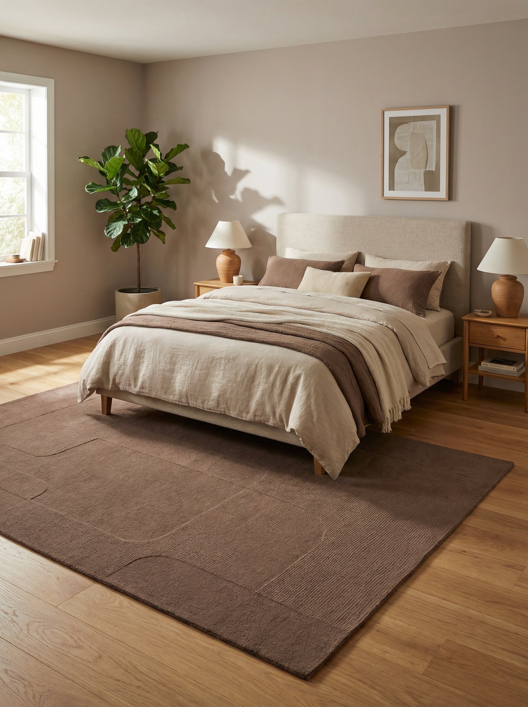 Tapis rectangulaire marron dans une chambre harmonieuse. Ambiance chaleureuse, style épuré