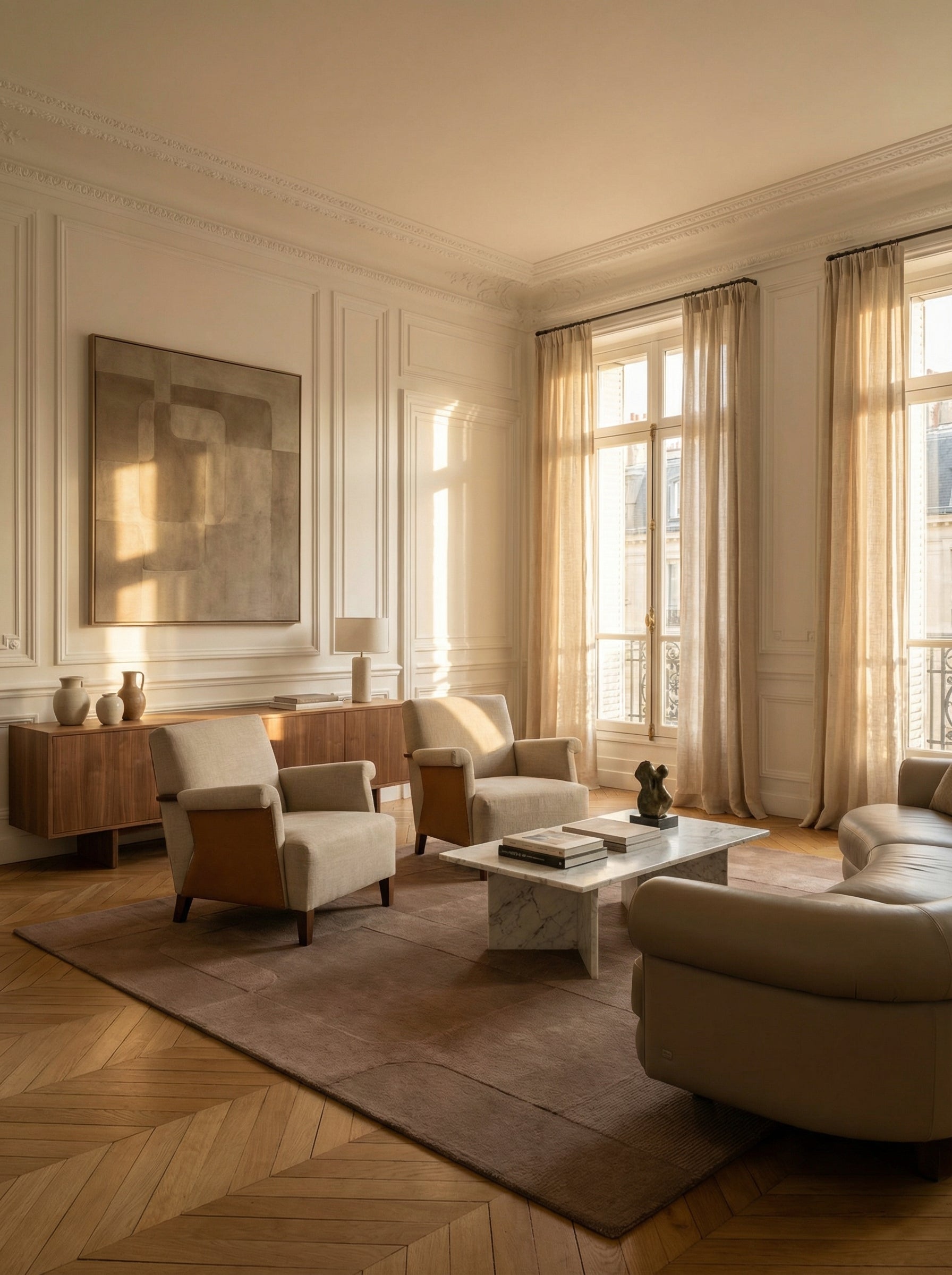 Tapis rectangulaire marron dans un salon élégant. Ambiance classique, style épuré et chaleureux