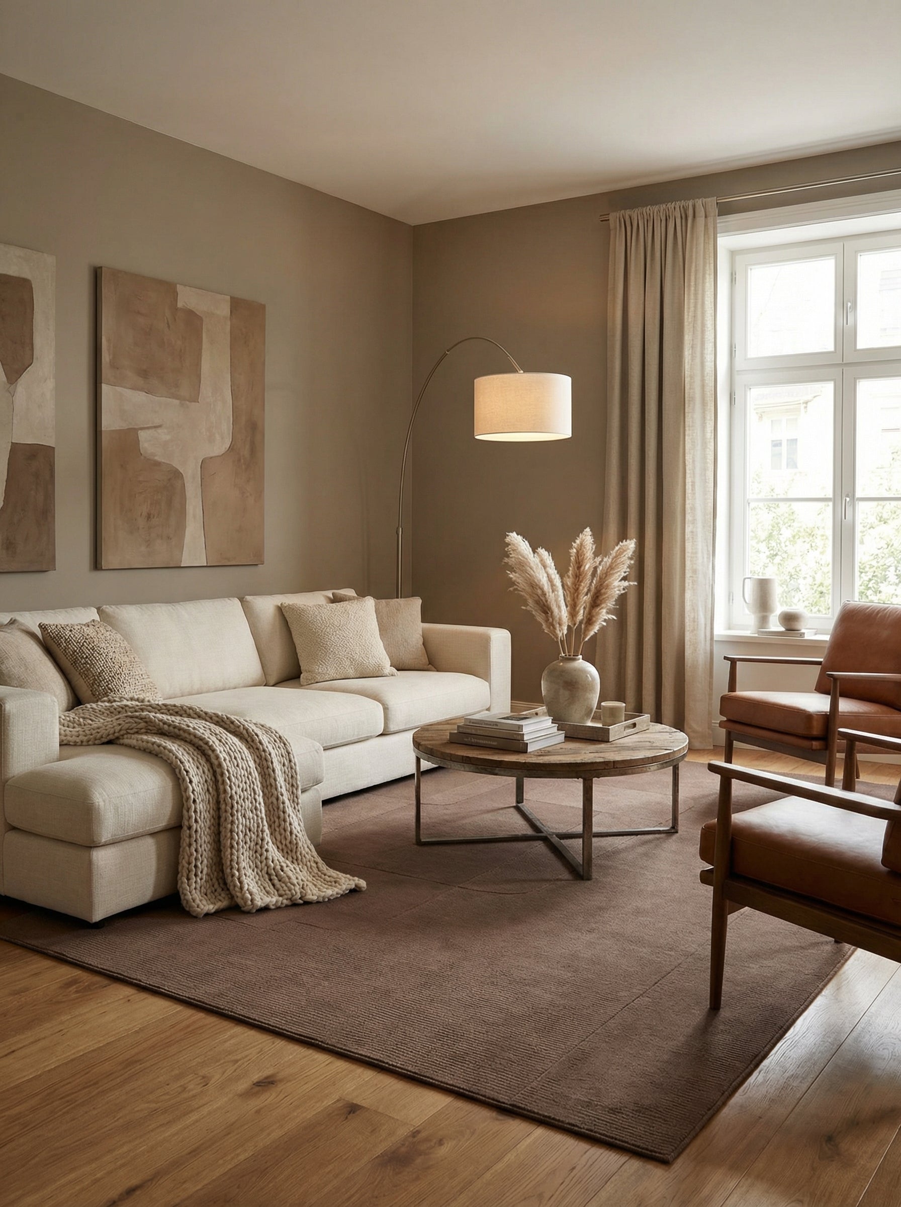 Tapis rectangulaire marron dans un salon contemporain, design épuré. Ambiance chaleureuse, couleurs chocolat