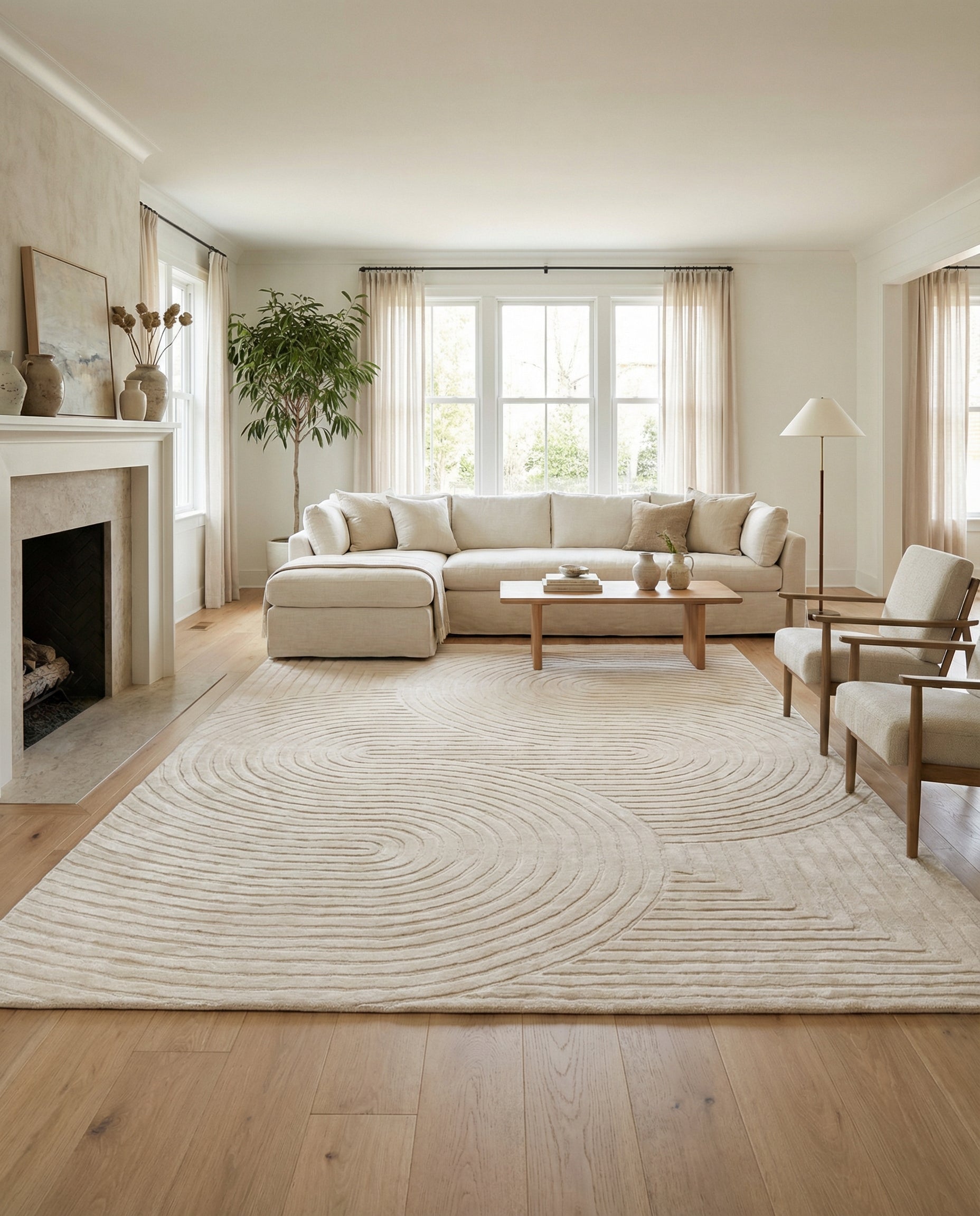 Tapis rectangulaire beige clair, motifs circulaires, pièce lumineuse, ambiance zen. Le tapis apporte douceur et harmonie