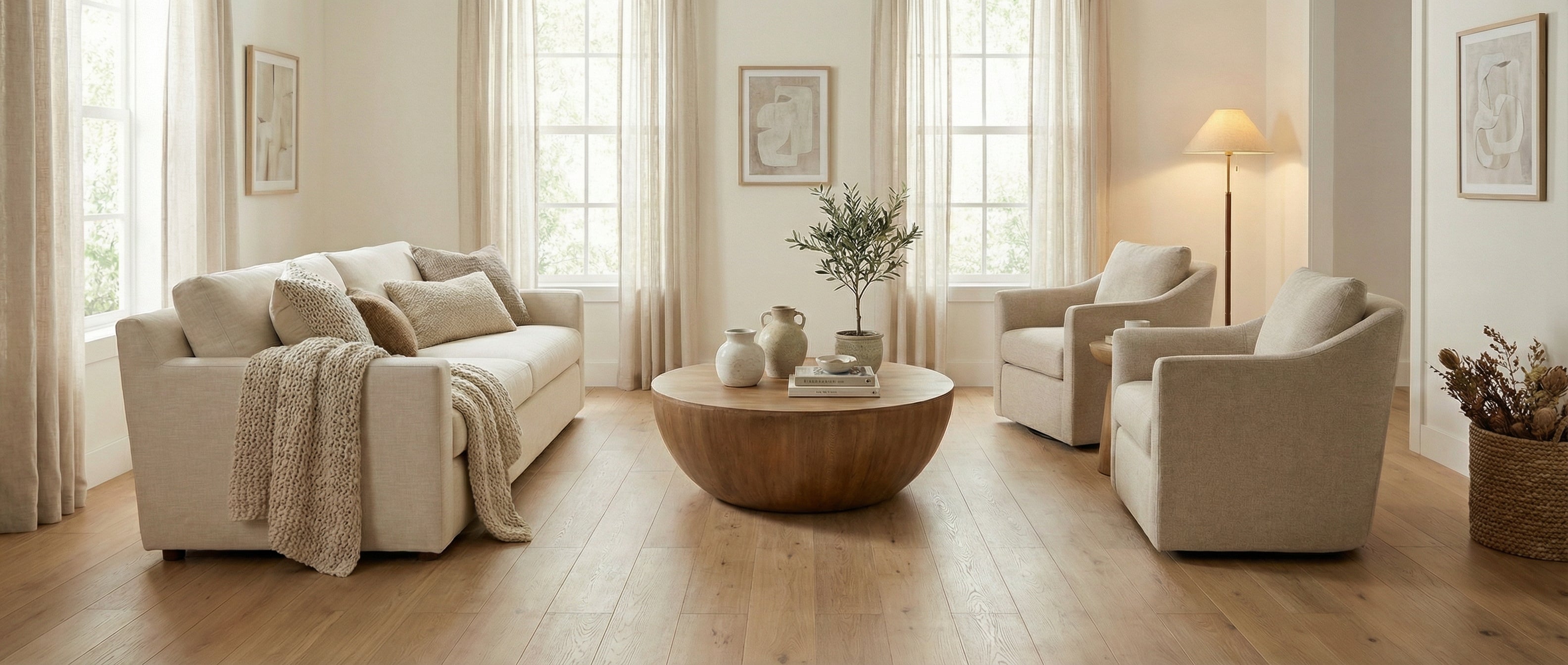 Pièce lumineuse avec canapé, fauteuils beiges, table basse ronde en bois, ambiance zen. Espace vide pour un tapis