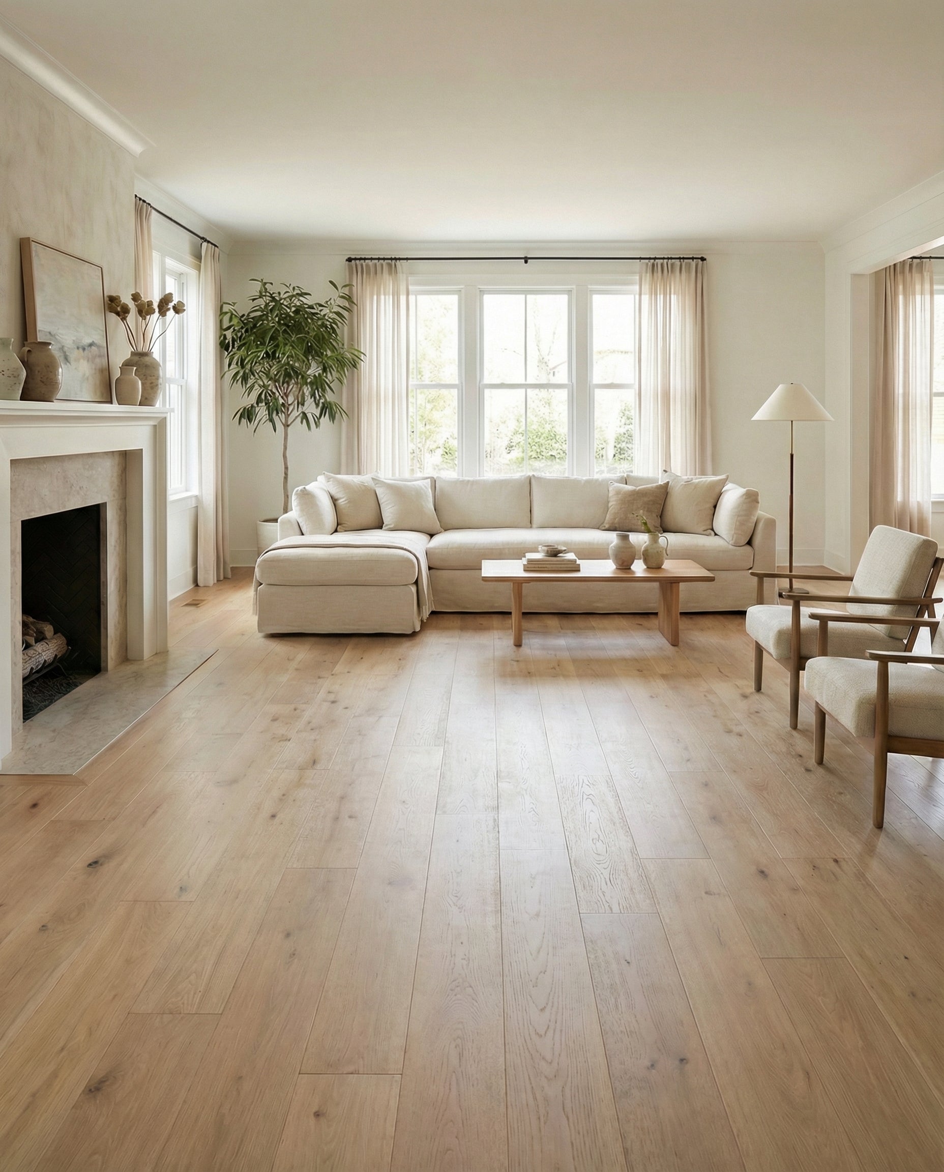 Pièce lumineuse avec parquet clair, canapé beige, cheminée et fauteuils. Espace à transformer