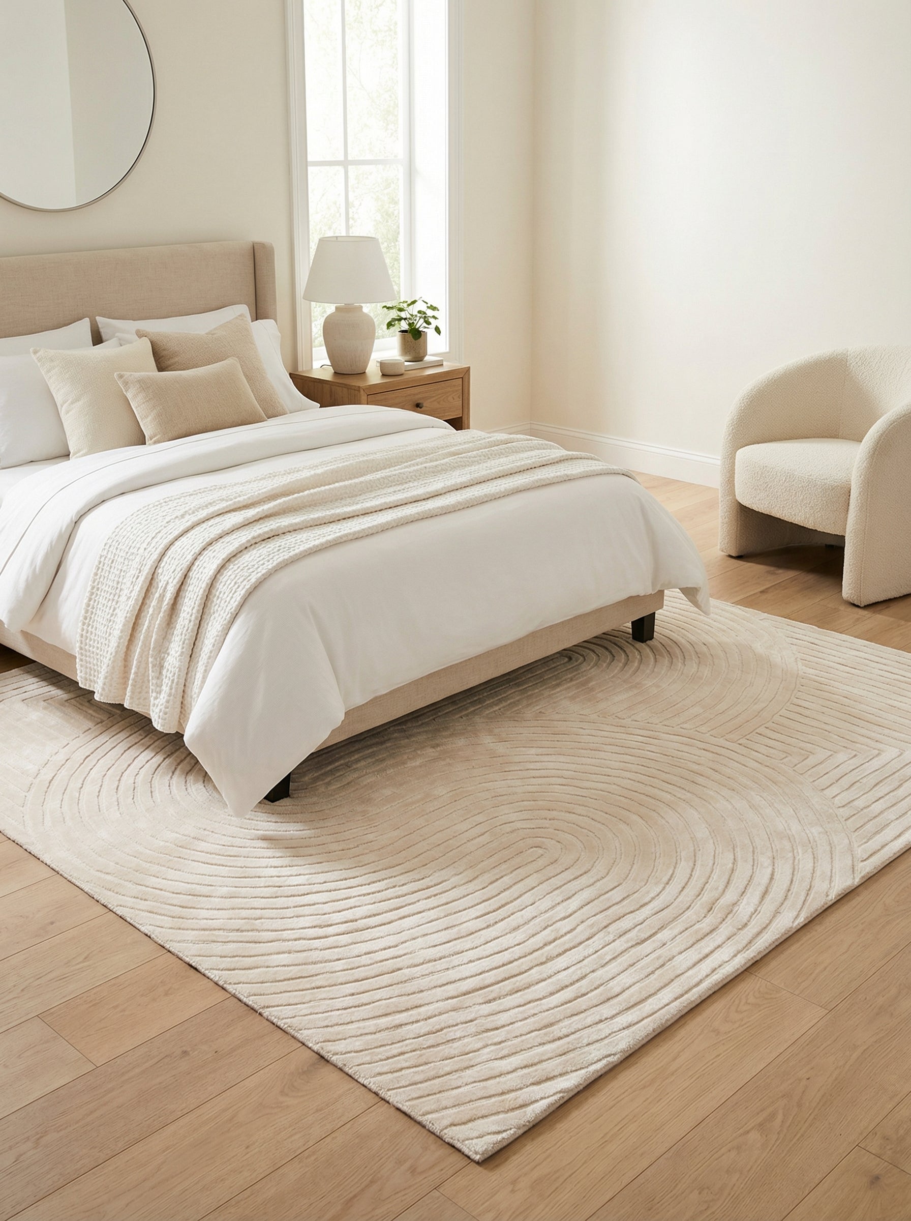 Tapis rectangulaire beige clair, motif en courbes, harmonie dans la chambre. Ambiance douce, style épuré