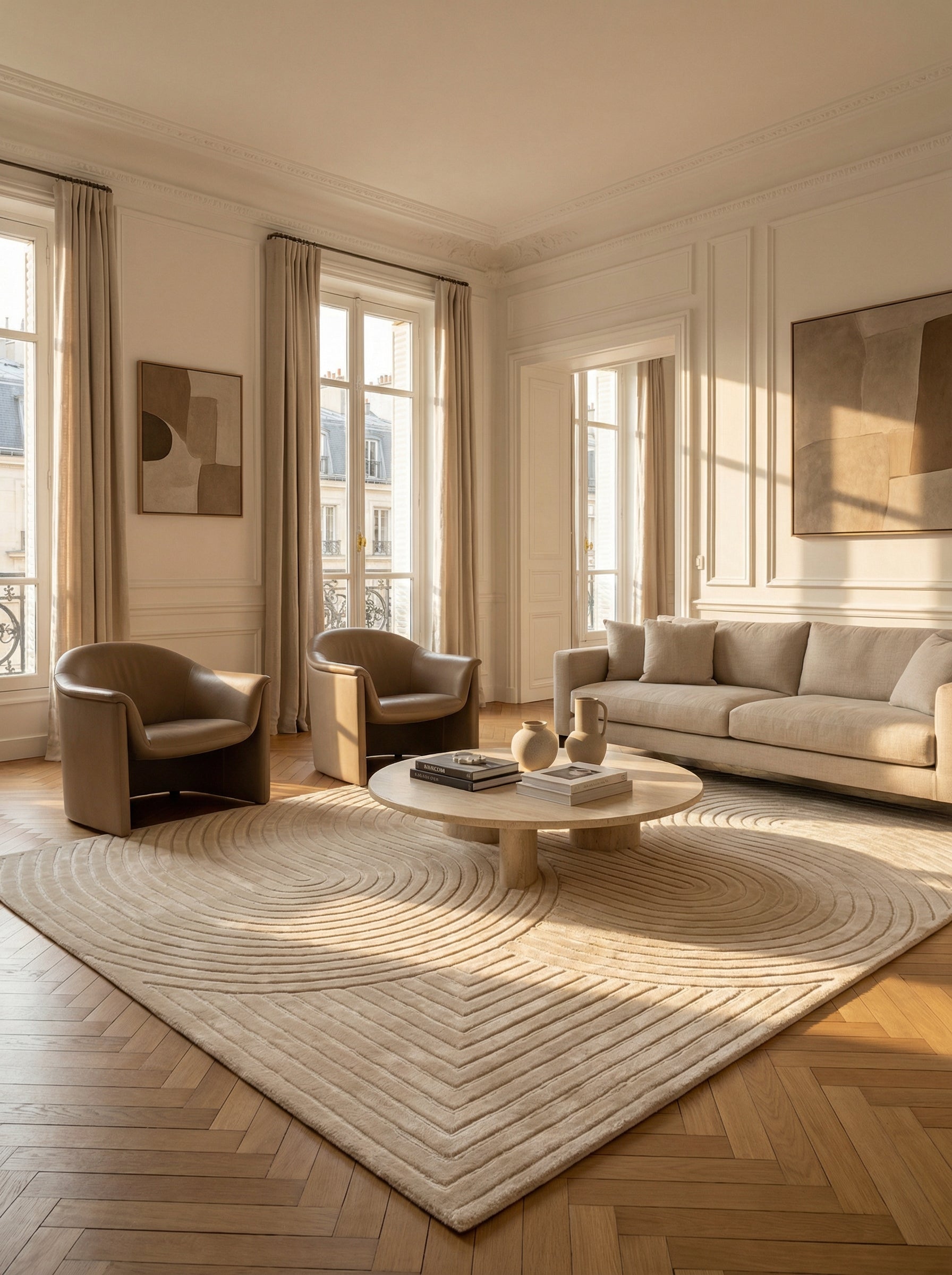 Tapis rectangulaire beige, motifs géométriques, ambiance élégante dans un salon classique. Style épuré