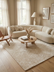 Tapis beige rectangulaire au design épuré, style contemporain. Ambiance chaleureuse dans le salon