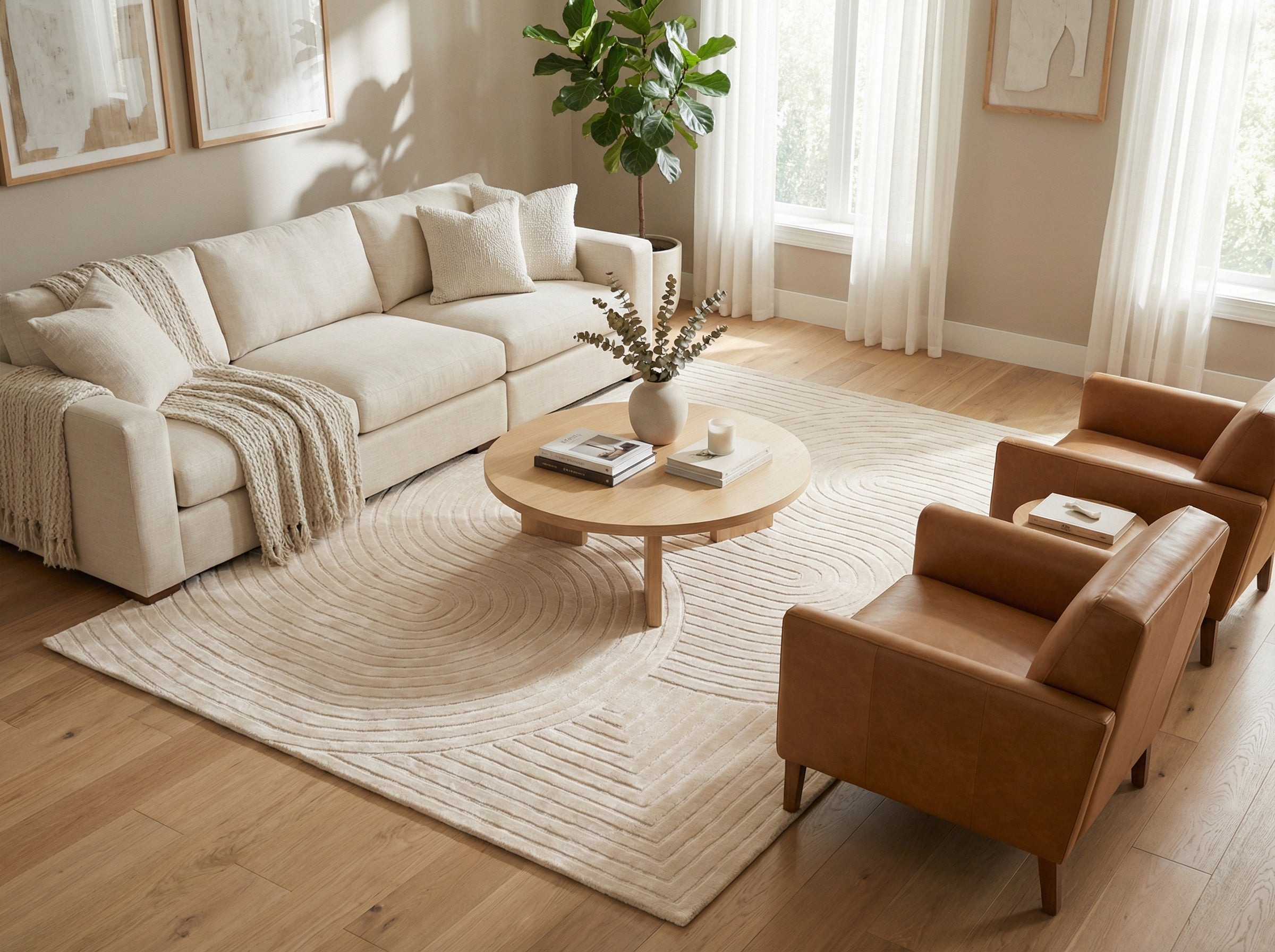 Tapis beige rectangulaire, motifs courbes, style déco épuré. Ambiance chaleureuse dans la pièce