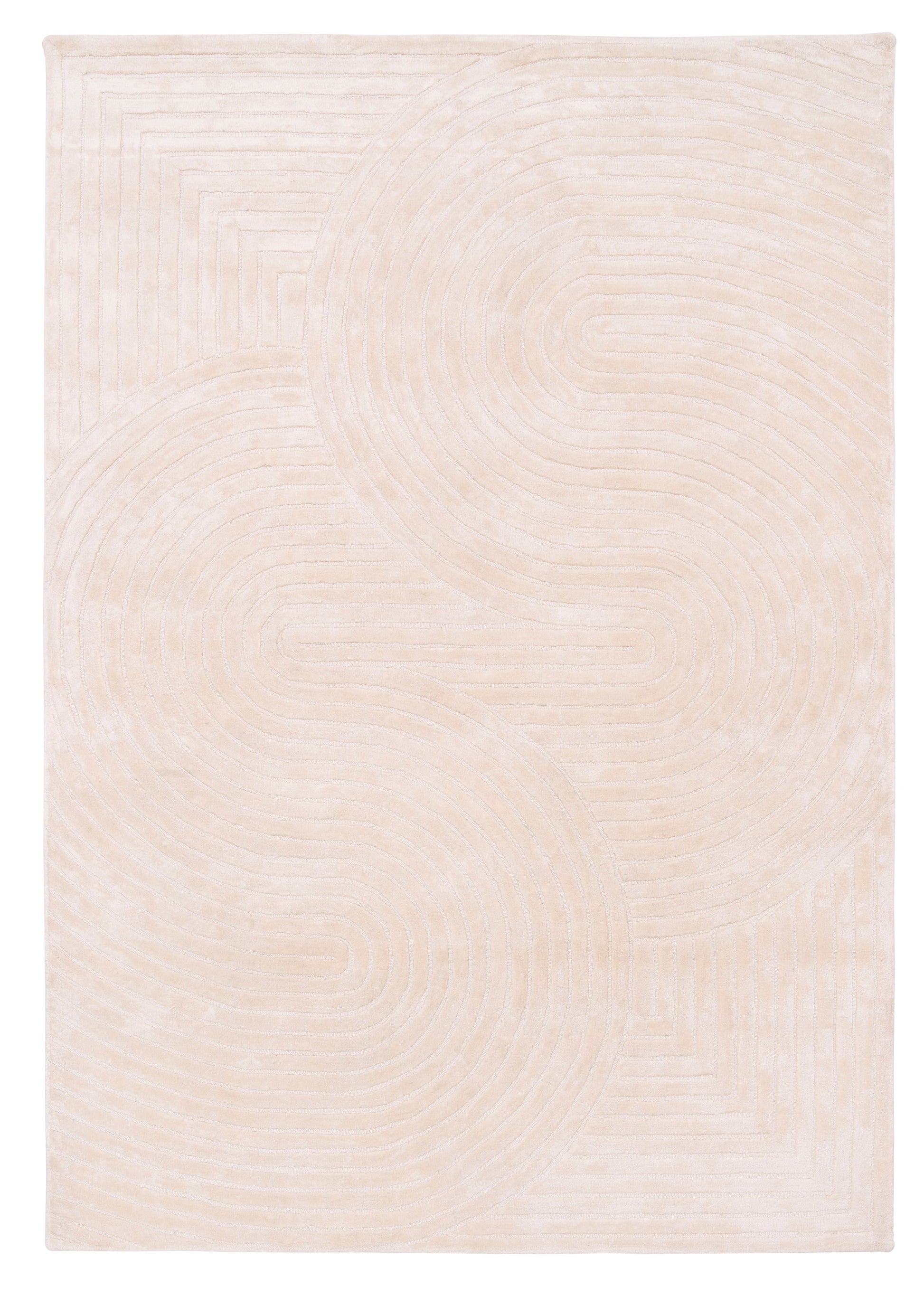 Tapis rectangulaire beige avec motif géométrique en lignes incurvées et droites, style moderne