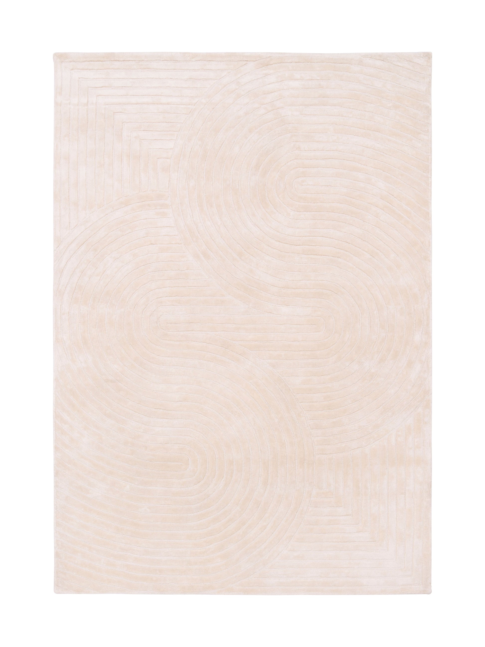 Tapis rectangulaire beige avec motif géométrique en lignes incurvées et droites, style moderne