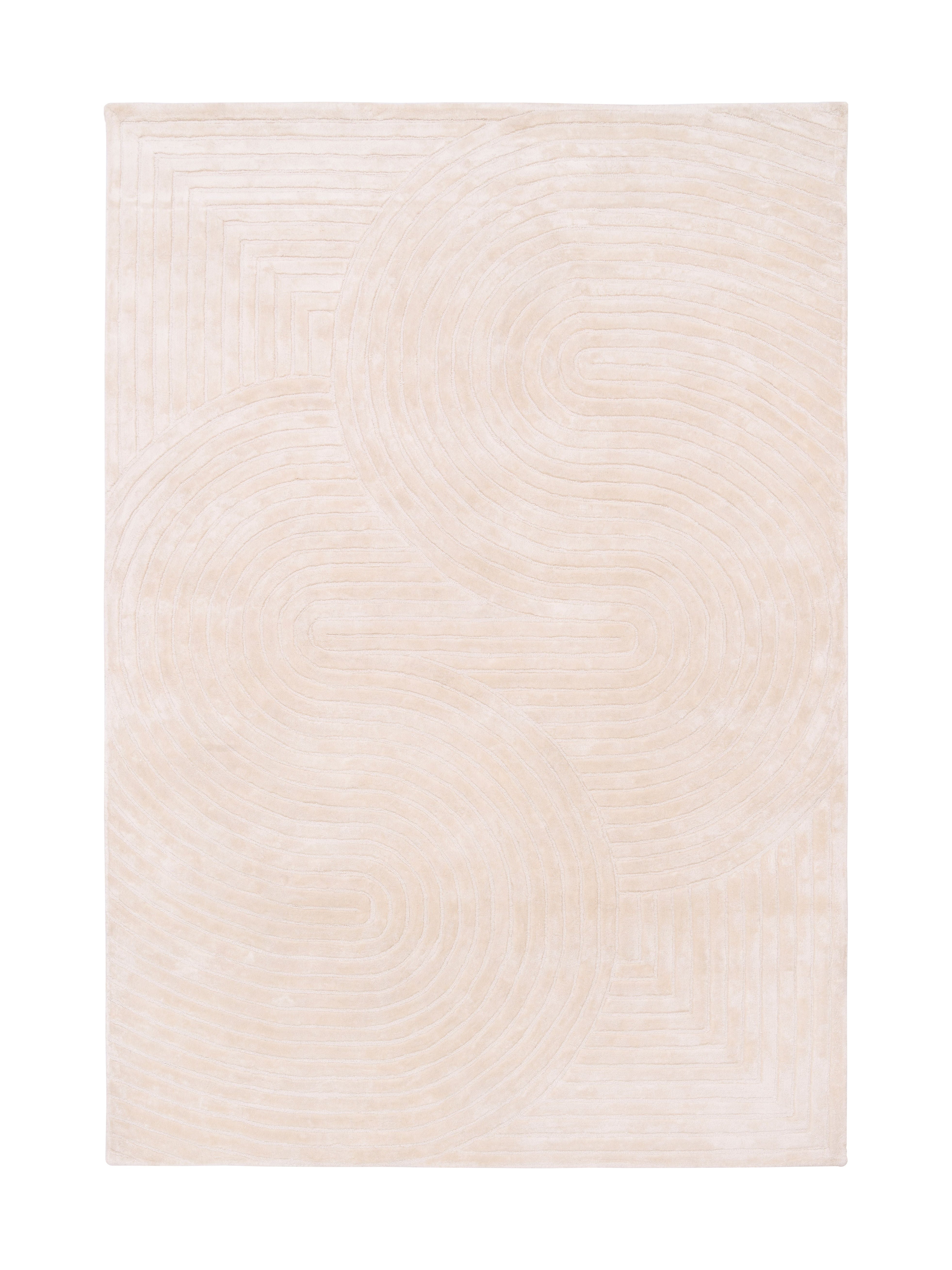 Tapis rectangulaire beige avec motif géométrique en lignes incurvées et droites, style moderne