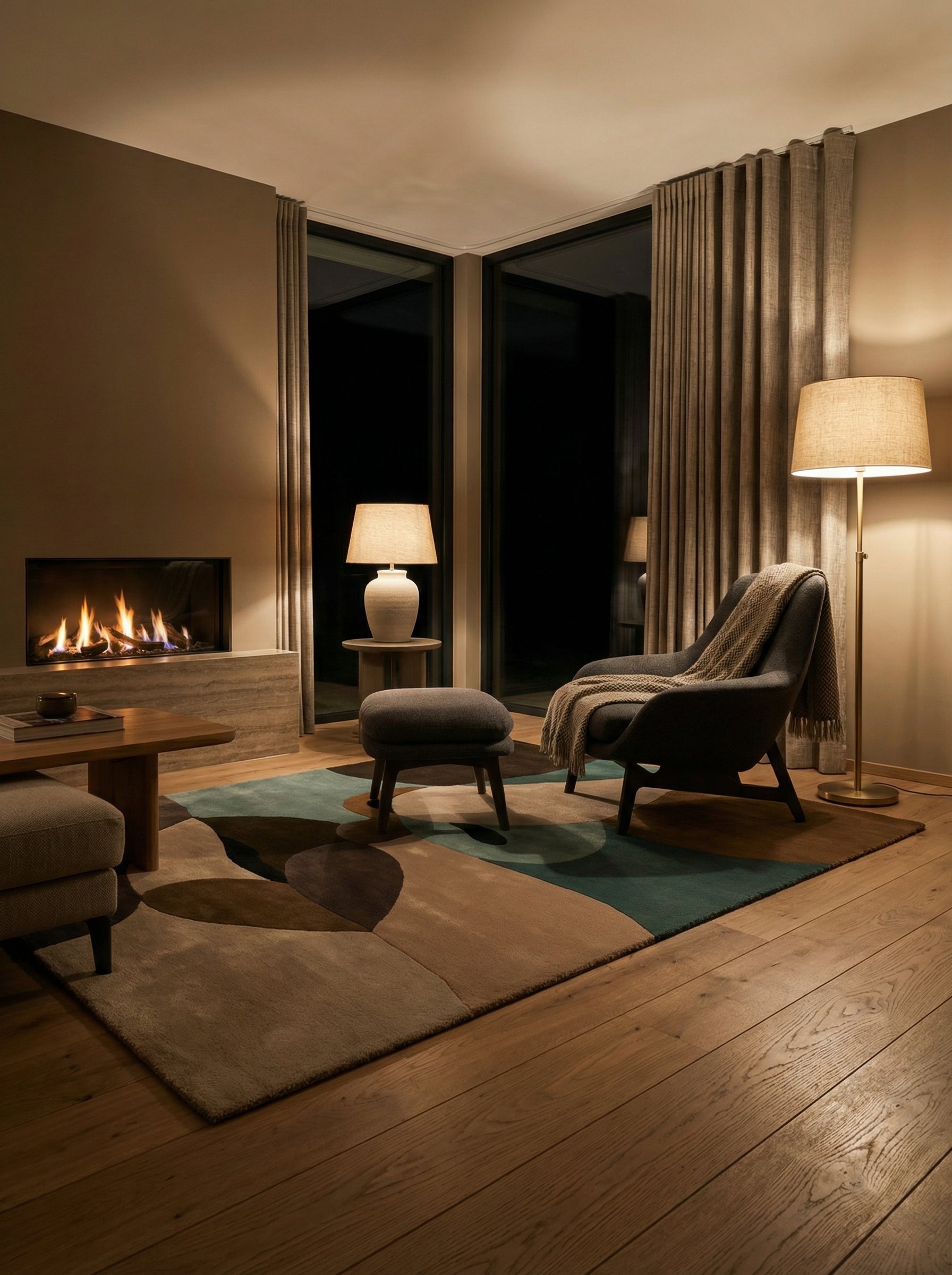 Tapis rectangulaire aux tons naturels, ambiance cosy. Lumière chaude, touches de vert et marron. Pièce confortable