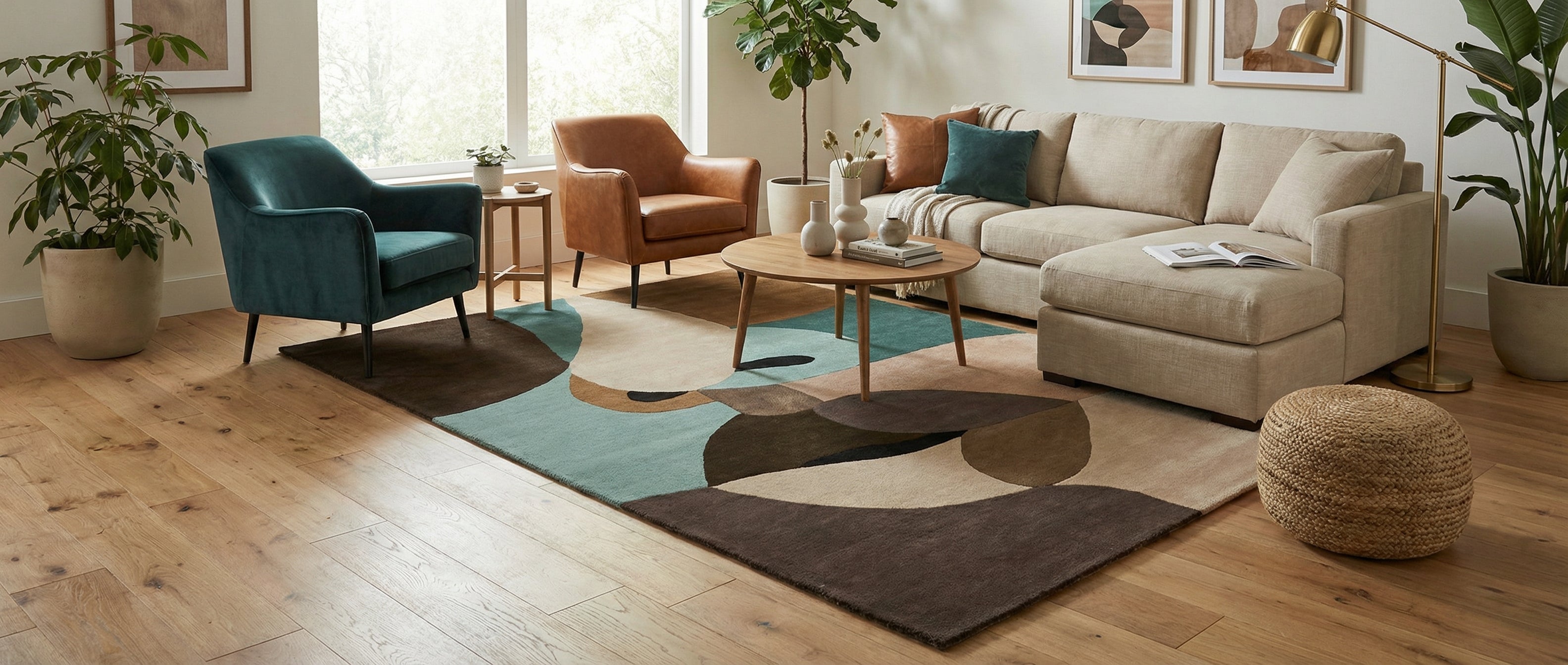 Le tapis rectangulaire crée une transformation dans la pièce. Les couleurs naturelles et les formes abstraites