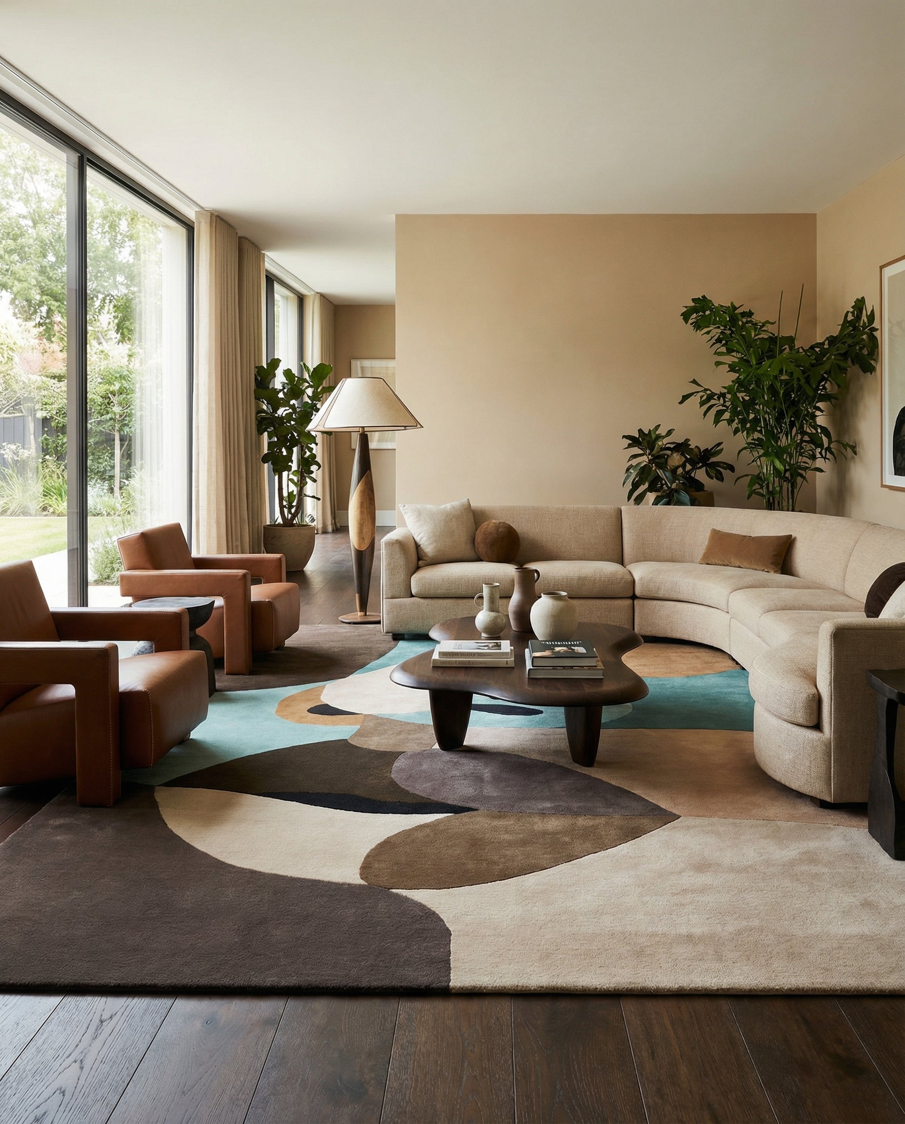 Tapis rectangulaire aux tons neutres, motifs organiques. Ambiance chaleureuse dans la pièce grâce aux couleurs