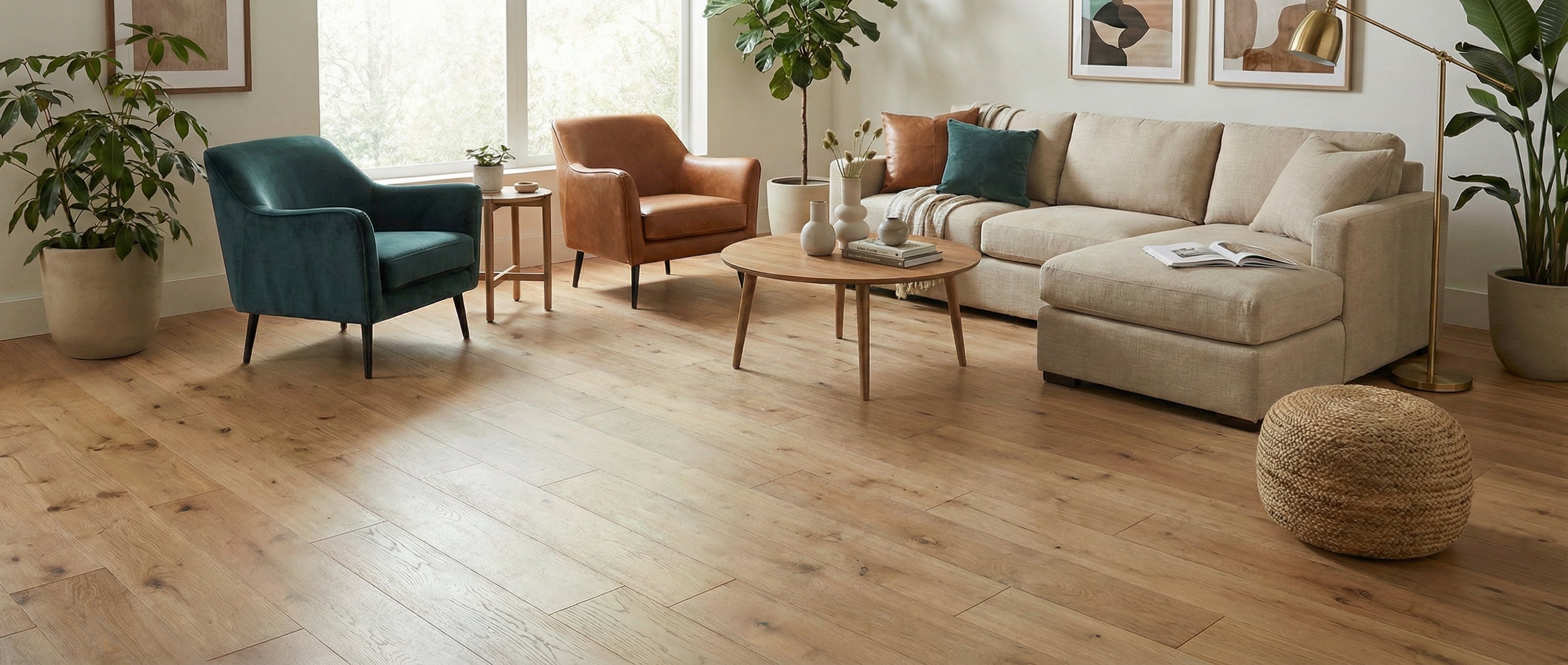 Pièce lumineuse avec plancher en bois clair. Canapé, fauteuils, table basse et pouf rond. Espace vide pour un tapis