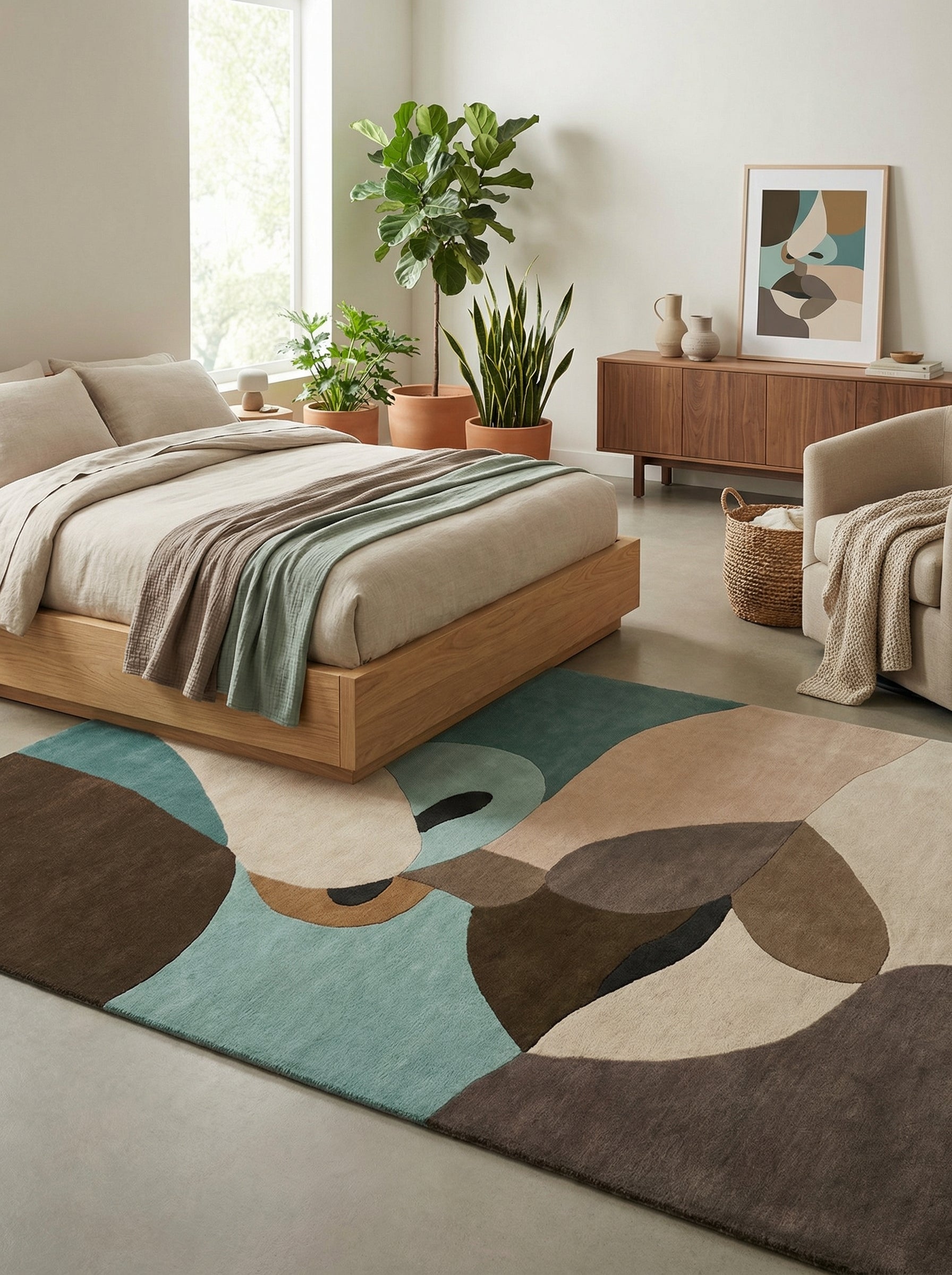 Tapis rectangulaire aux motifs abstraits, couleurs ambre et bleu, dans une chambre à l'ambiance harmonieuse