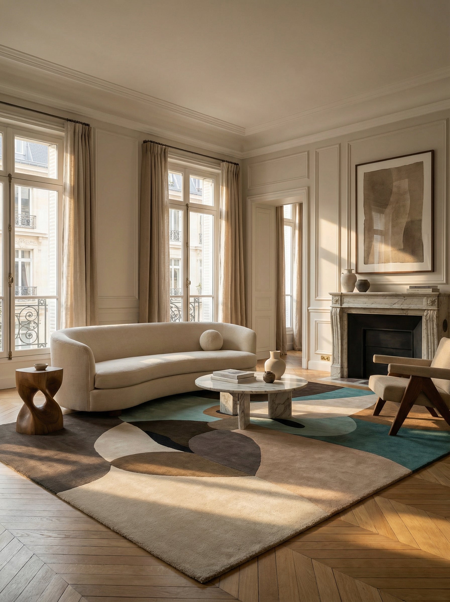 Tapis rectangulaire aux couleurs naturelles dans un salon classique. Ambiance élégante et stylée