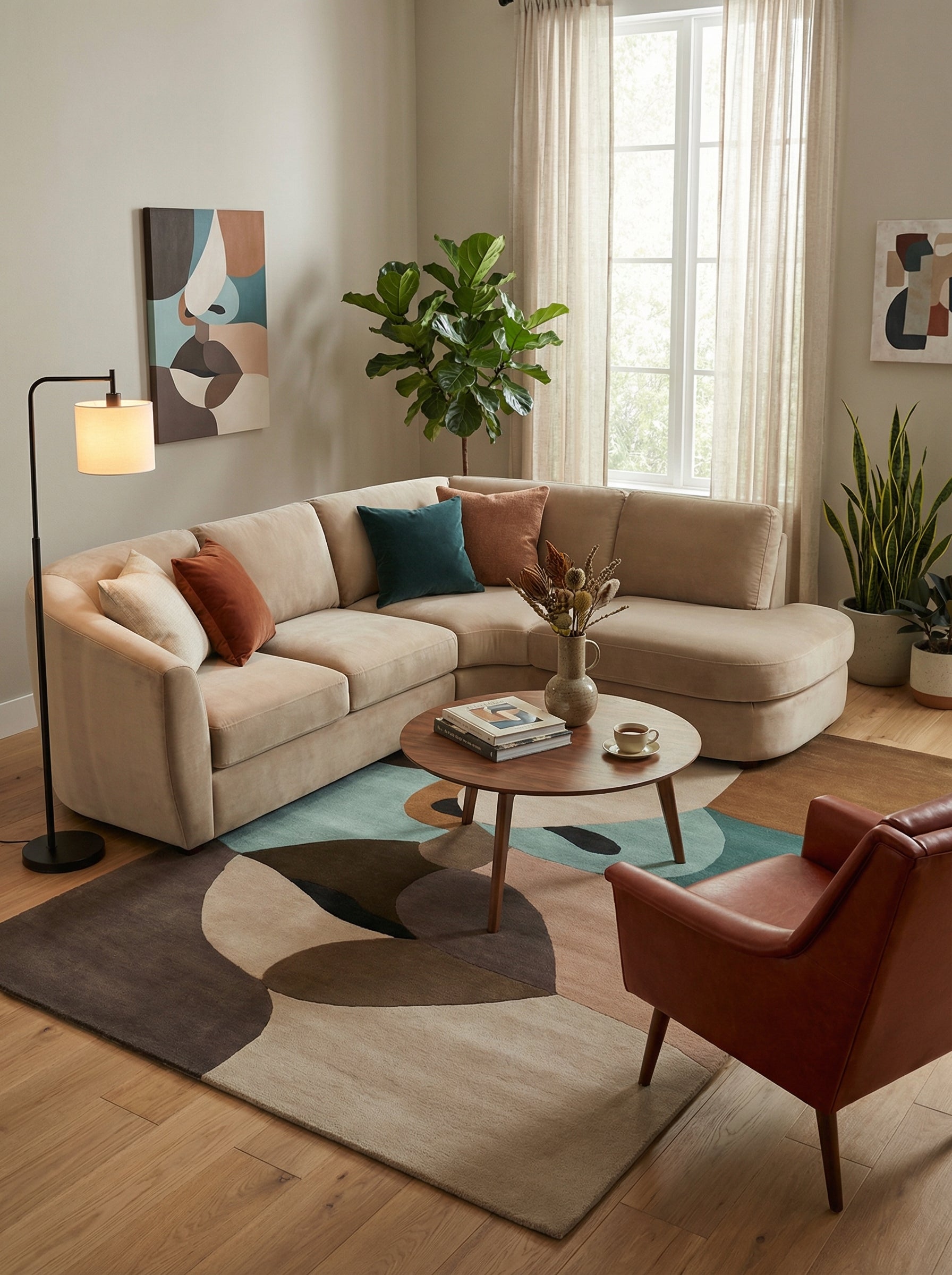 Tapis rectangulaire au design épuré, tons naturels et motifs abstraits. Style contemporain pour ce salon