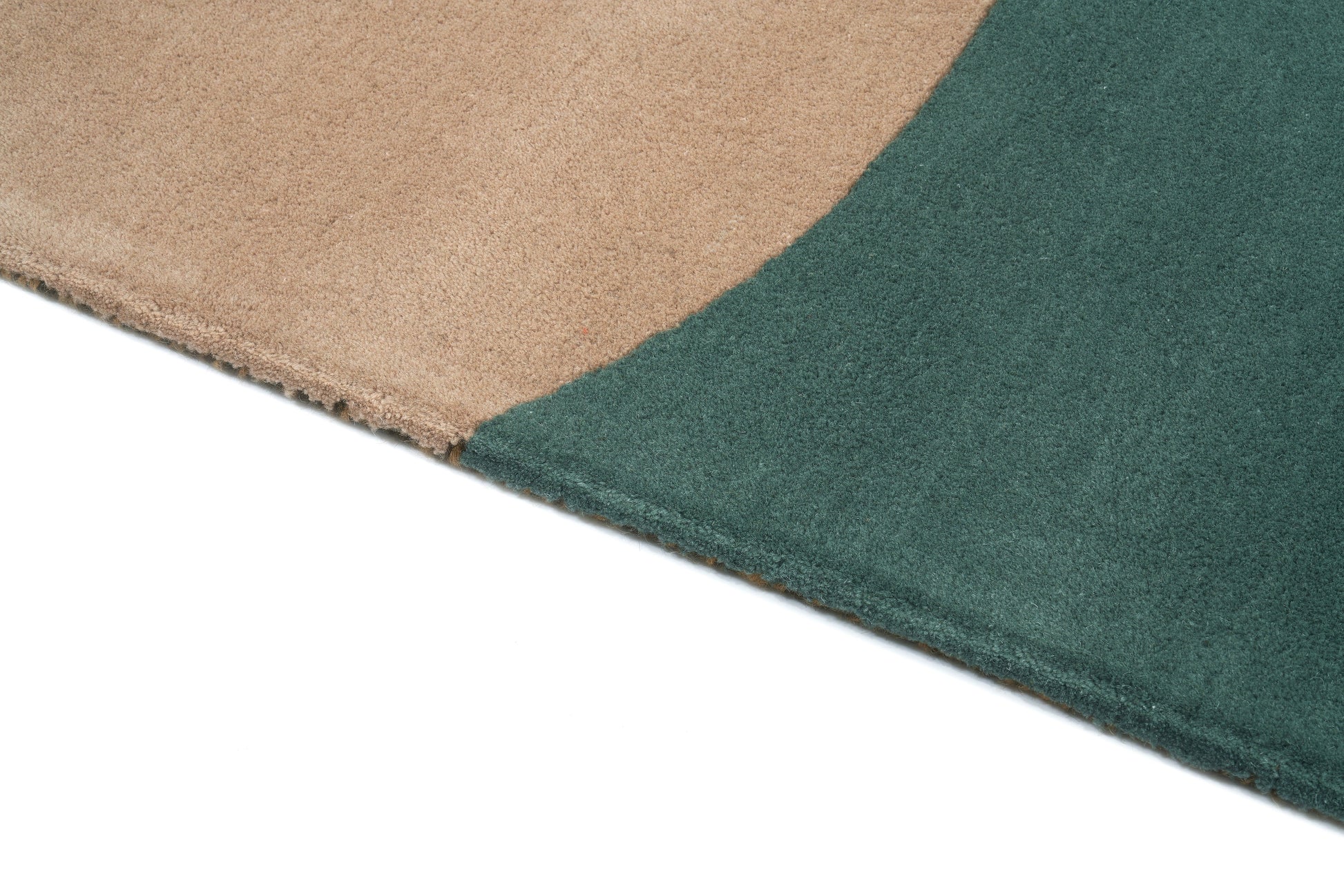 Tapis rectangulaire bicolore. Beige et vert. Densité moyenne, moelleux. Apparent confort. Ambiance chaleureuse