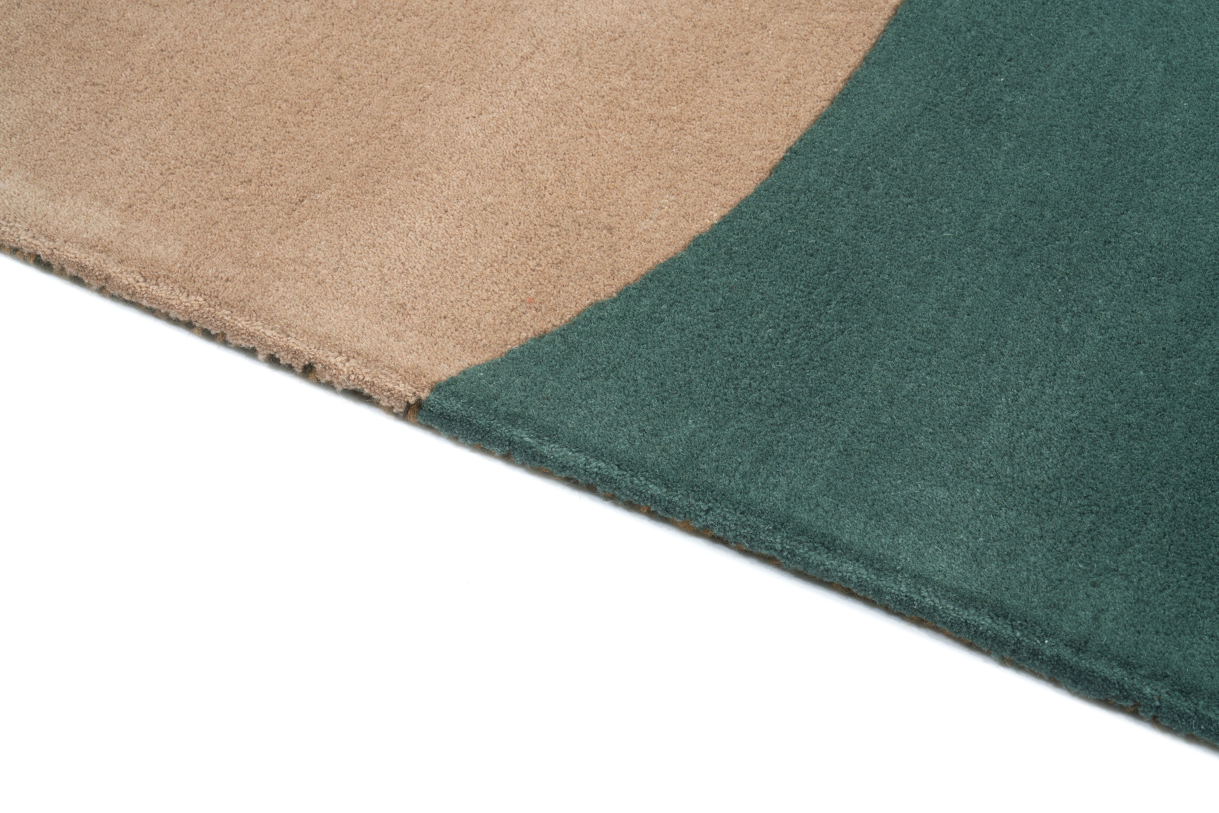 Tapis rectangulaire bicolore. Beige et vert. Densité moyenne, moelleux. Apparent confort. Ambiance chaleureuse