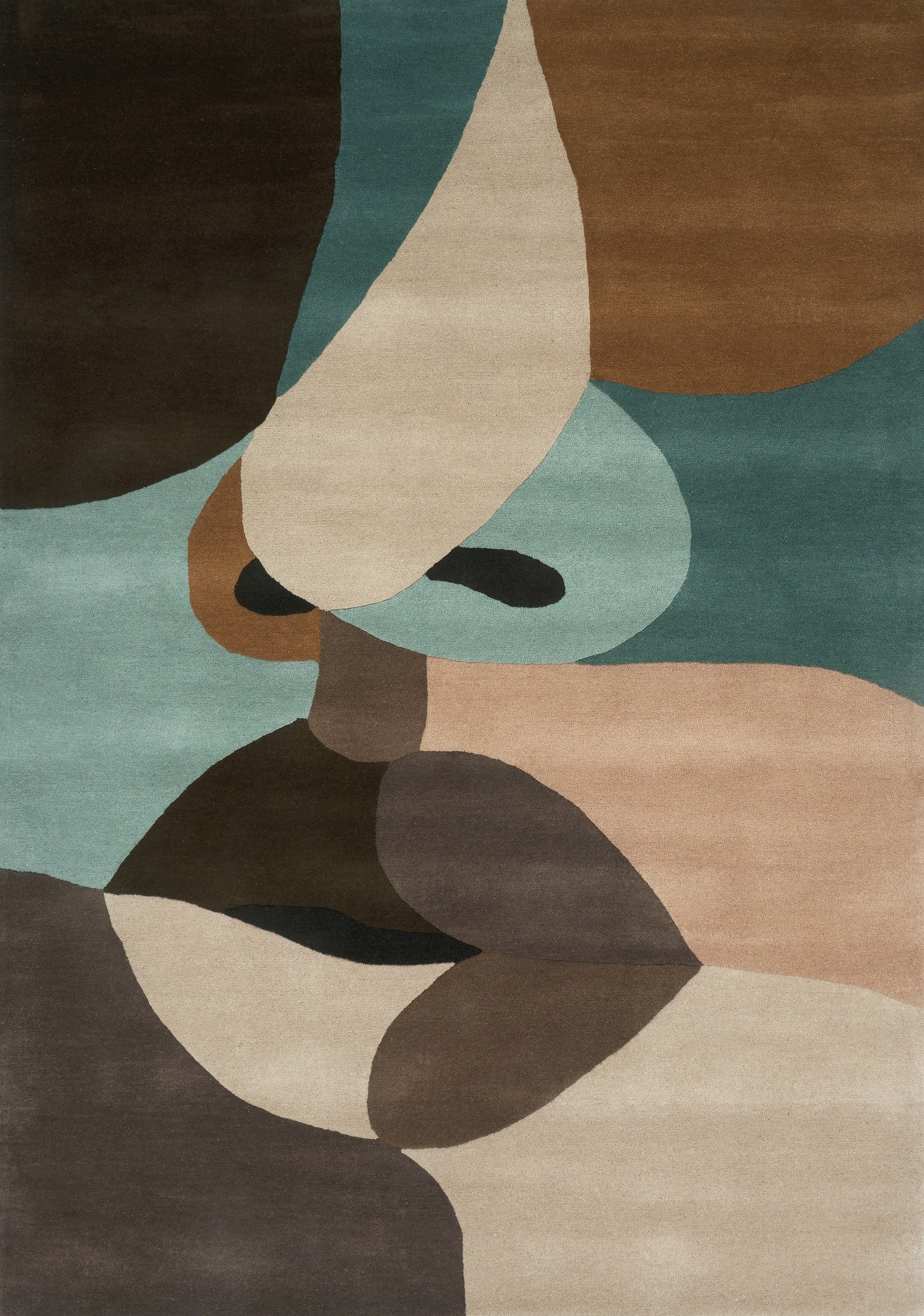 Tapis rectangulaire abstrait aux formes organiques, tons neutres de beige, marron et vert d'eau, ambiance zen