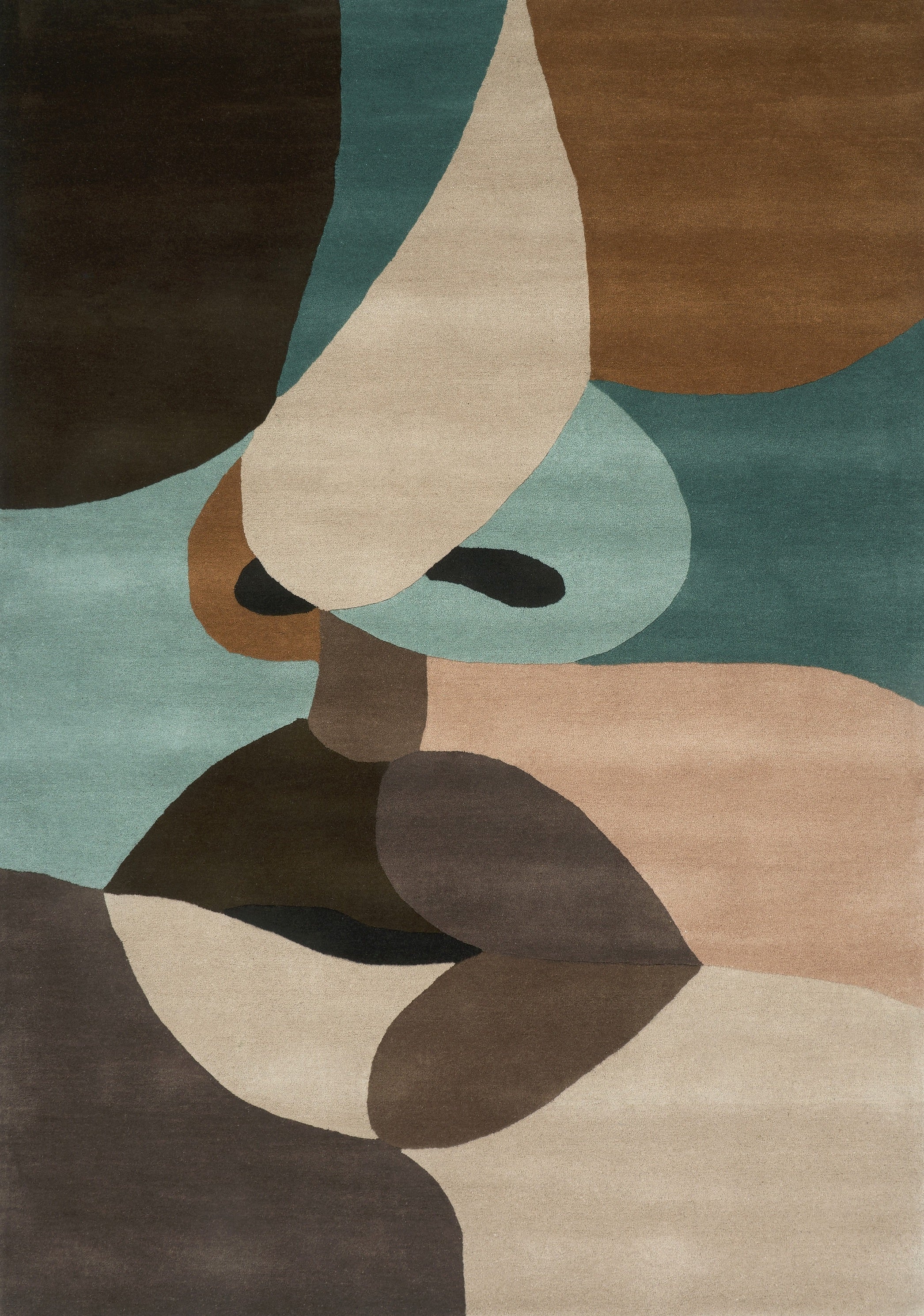 Tapis rectangulaire abstrait aux formes organiques, tons neutres de beige, marron et vert d'eau, ambiance zen