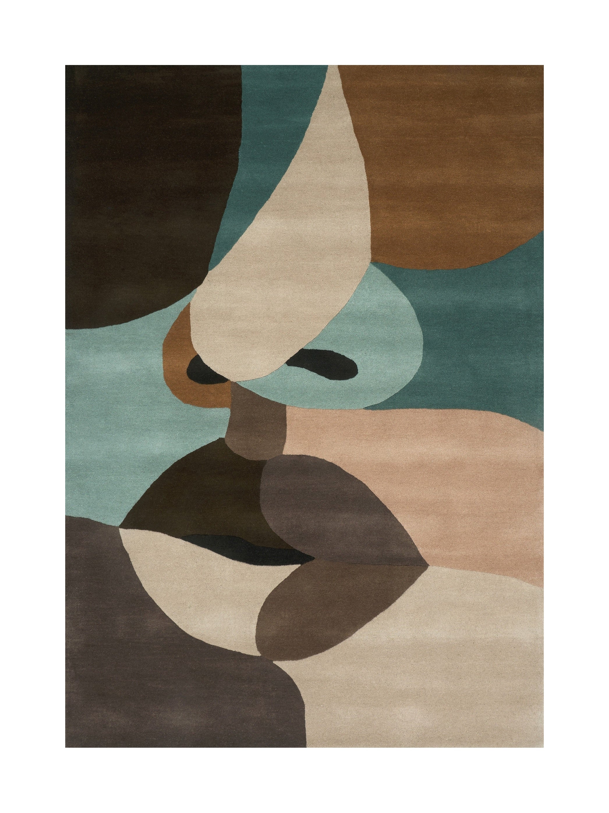 Tapis rectangulaire abstrait aux formes organiques, tons neutres de beige, marron et vert d'eau, ambiance zen