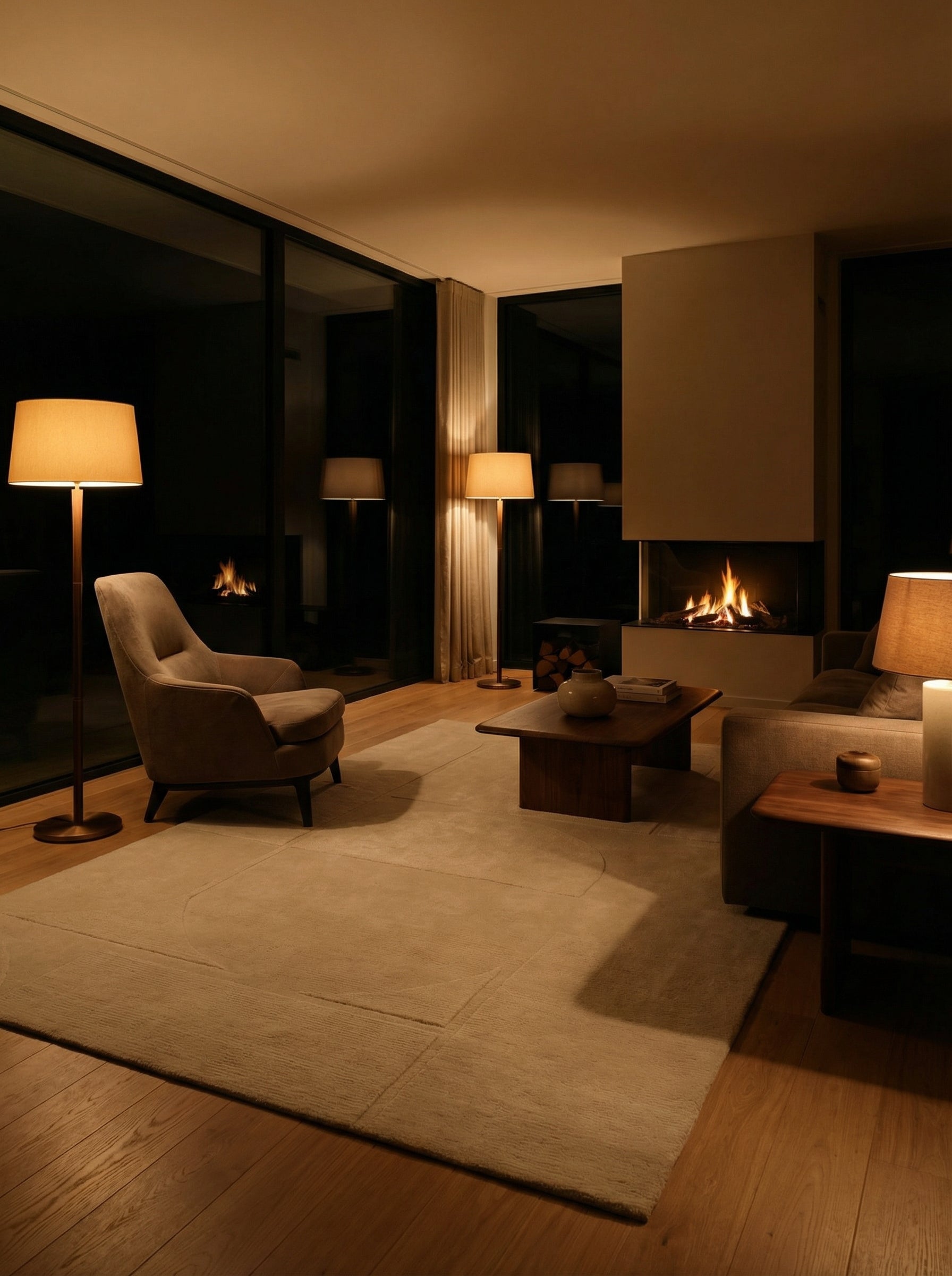 Tapis rectangulaire ivoire. Lumière chaude, ambiance cosy dans une pièce sombre