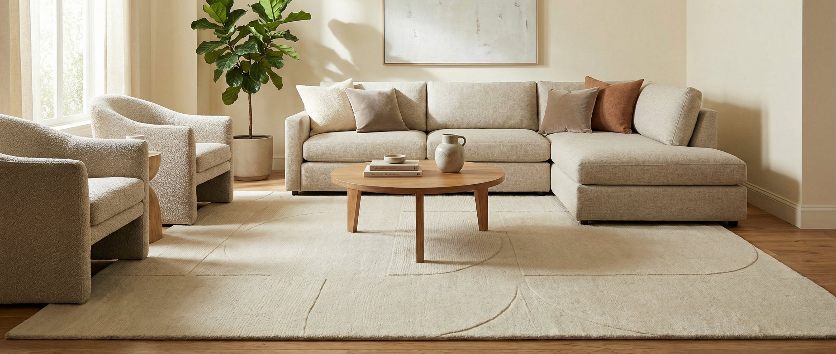 Tapis rectangulaire ivoire. Il transforme la pièce, créant une harmonie douce et chaleureuse