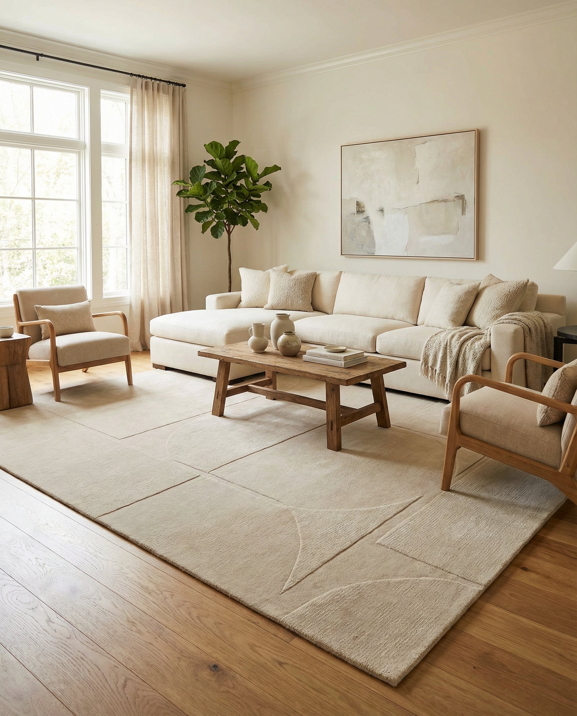 Tapis rectangulaire ivoire. Il structure la pièce, créant une ambiance chaleureuse et accueillante