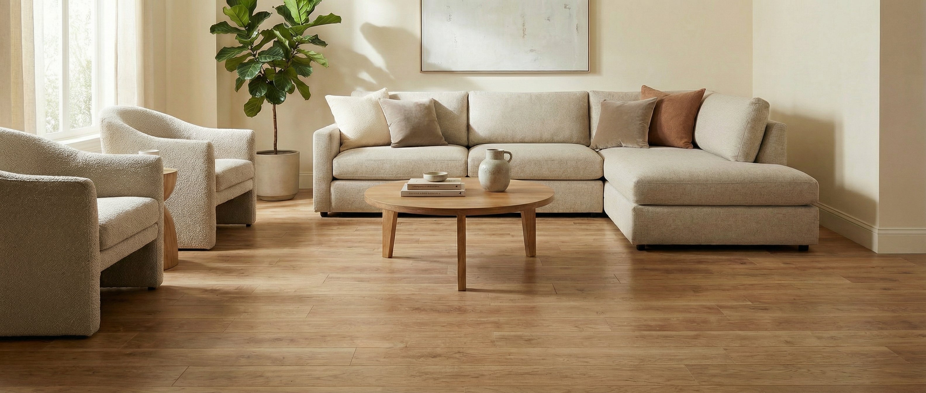 Salon spacieux avant l'ajout du tapis, parquet apparent et mobilier en attente