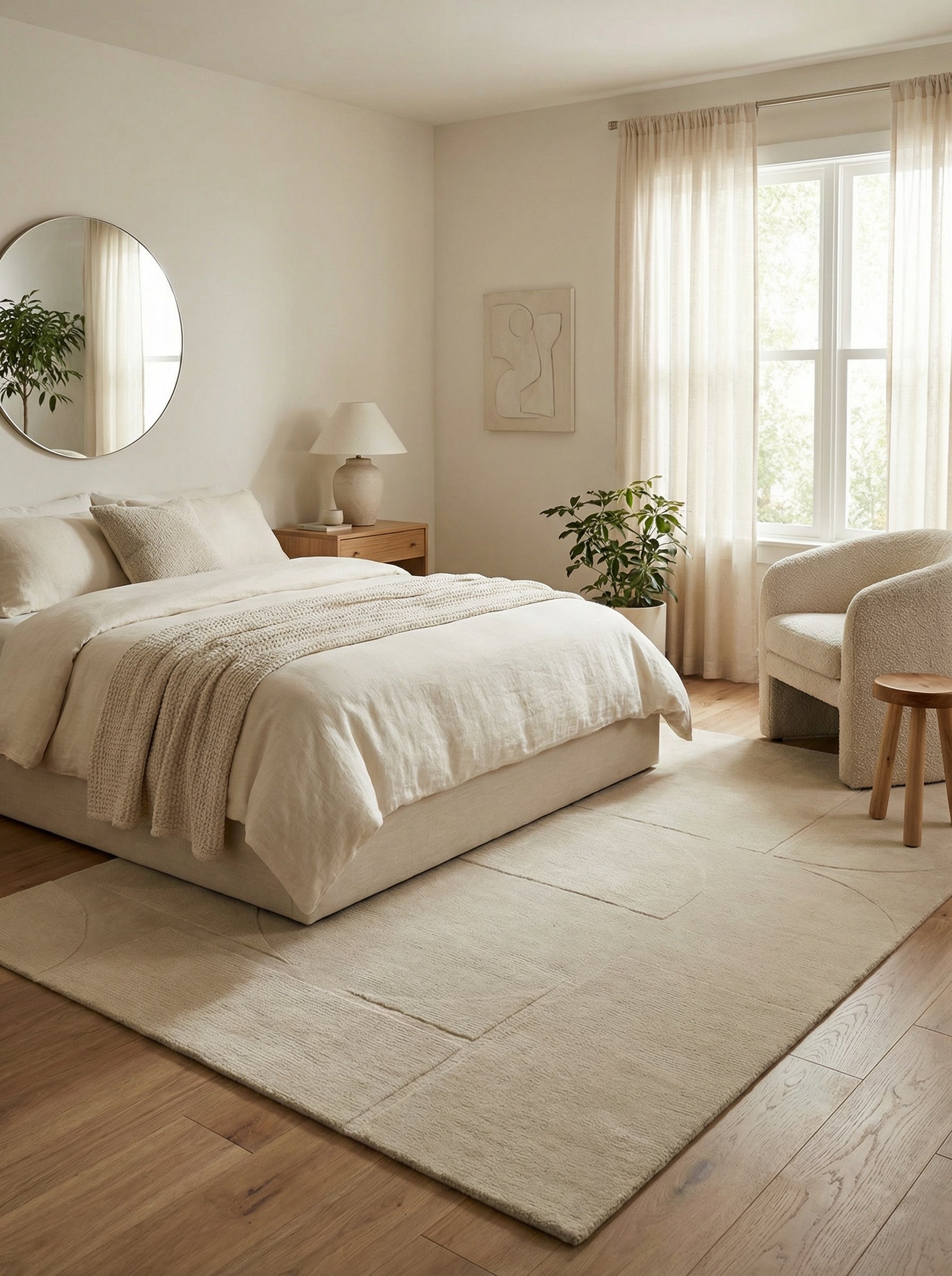 Tapis rectangulaire ivoire, motifs géométriques, harmonie dans la chambre, ambiance zen et chaleureuse