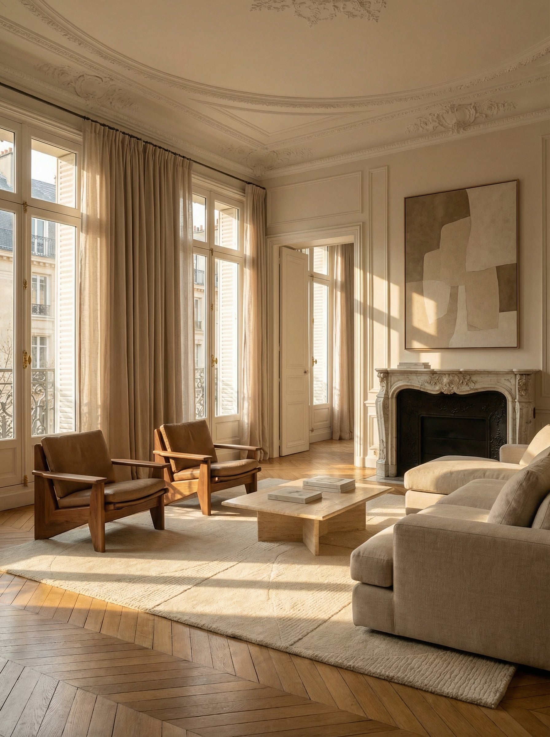 Tapis rectangulaire ivoire dans un salon classique. Élégance et style se marient avec harmonie dans cette pièce