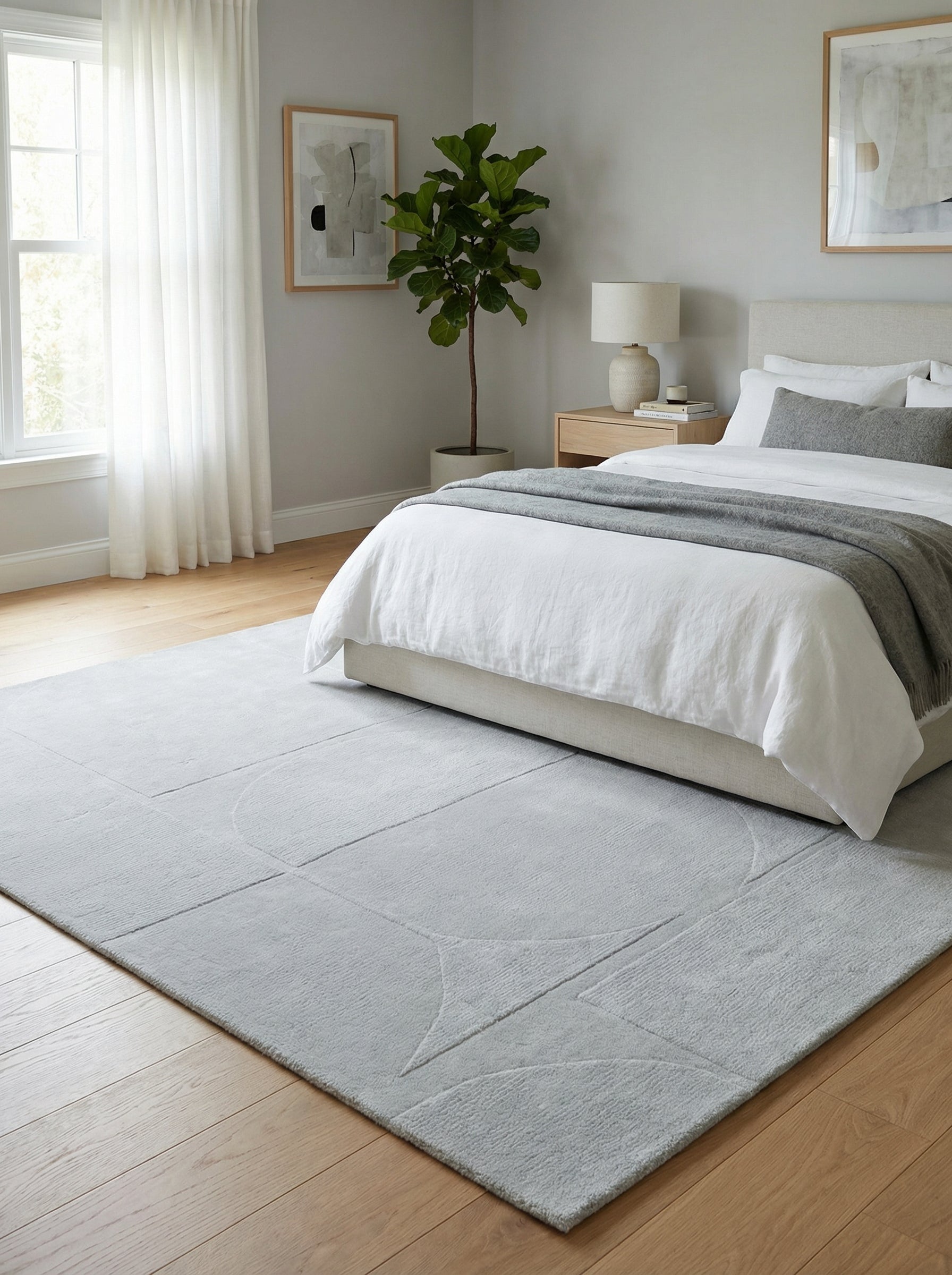 Tapis rectangulaire gris clair dans une chambre. Harmonie avec le bois blond. Ambiance zen et épurée. Style contemporain
