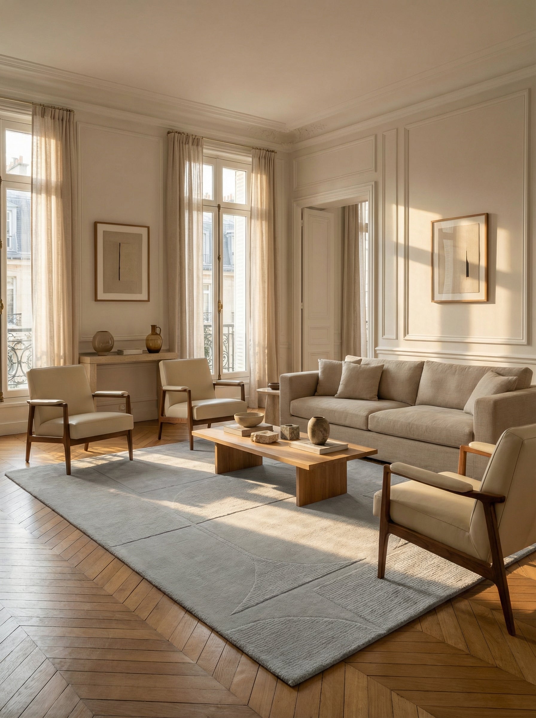 Tapis rectangulaire gris clair dans un salon classique. Élégance et style pour cette pièce lumineuse