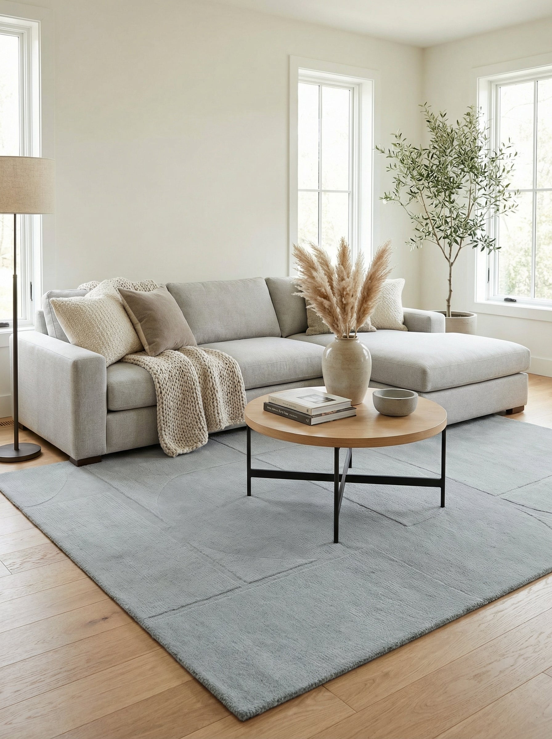 Tapis rectangulaire gris clair. Design épuré, style contemporain. Ambiance salon moderne