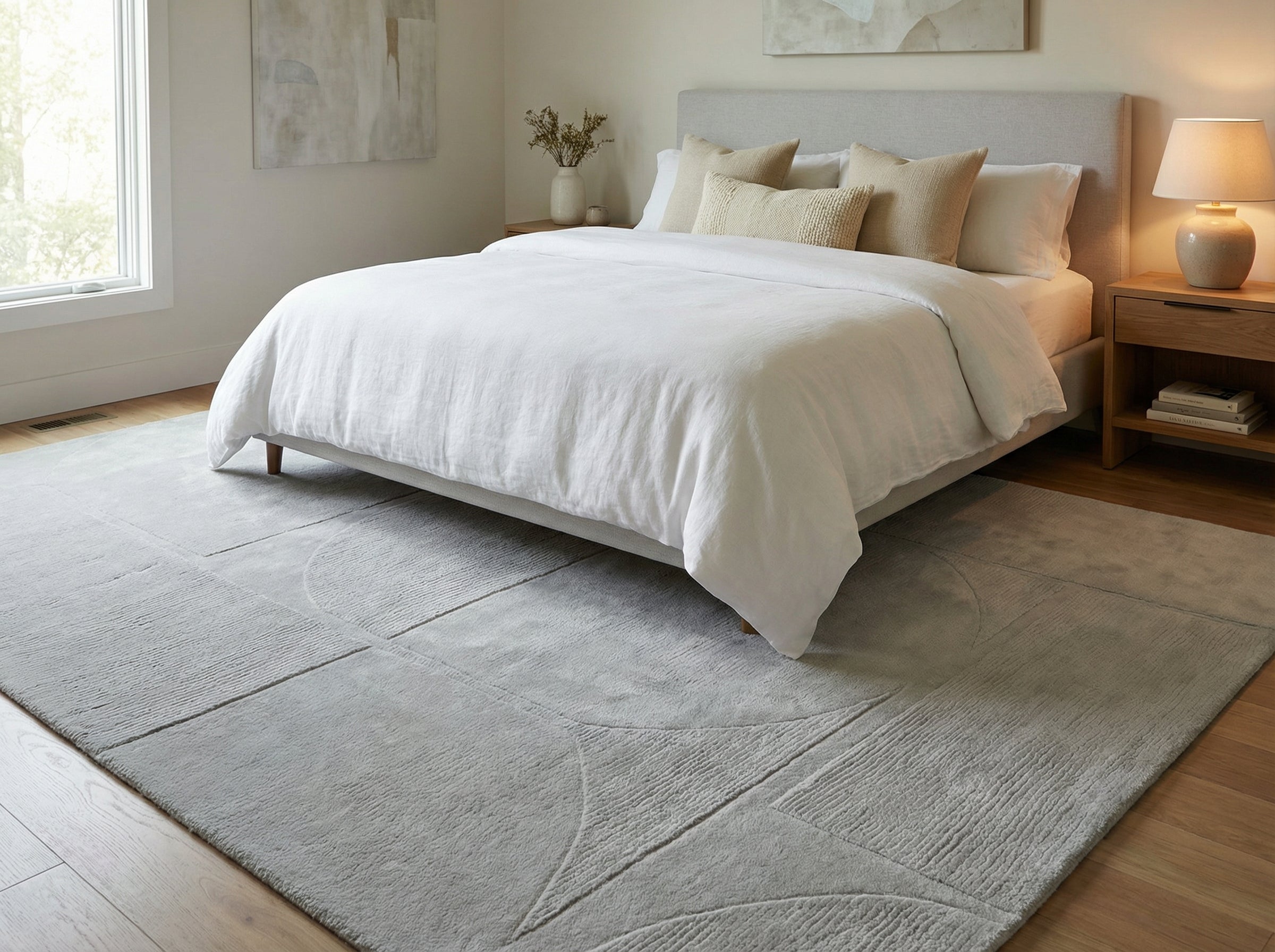 Tapis rectangulaire gris clair dans une chambre. Style déco épuré. Ambiance zen et reposante