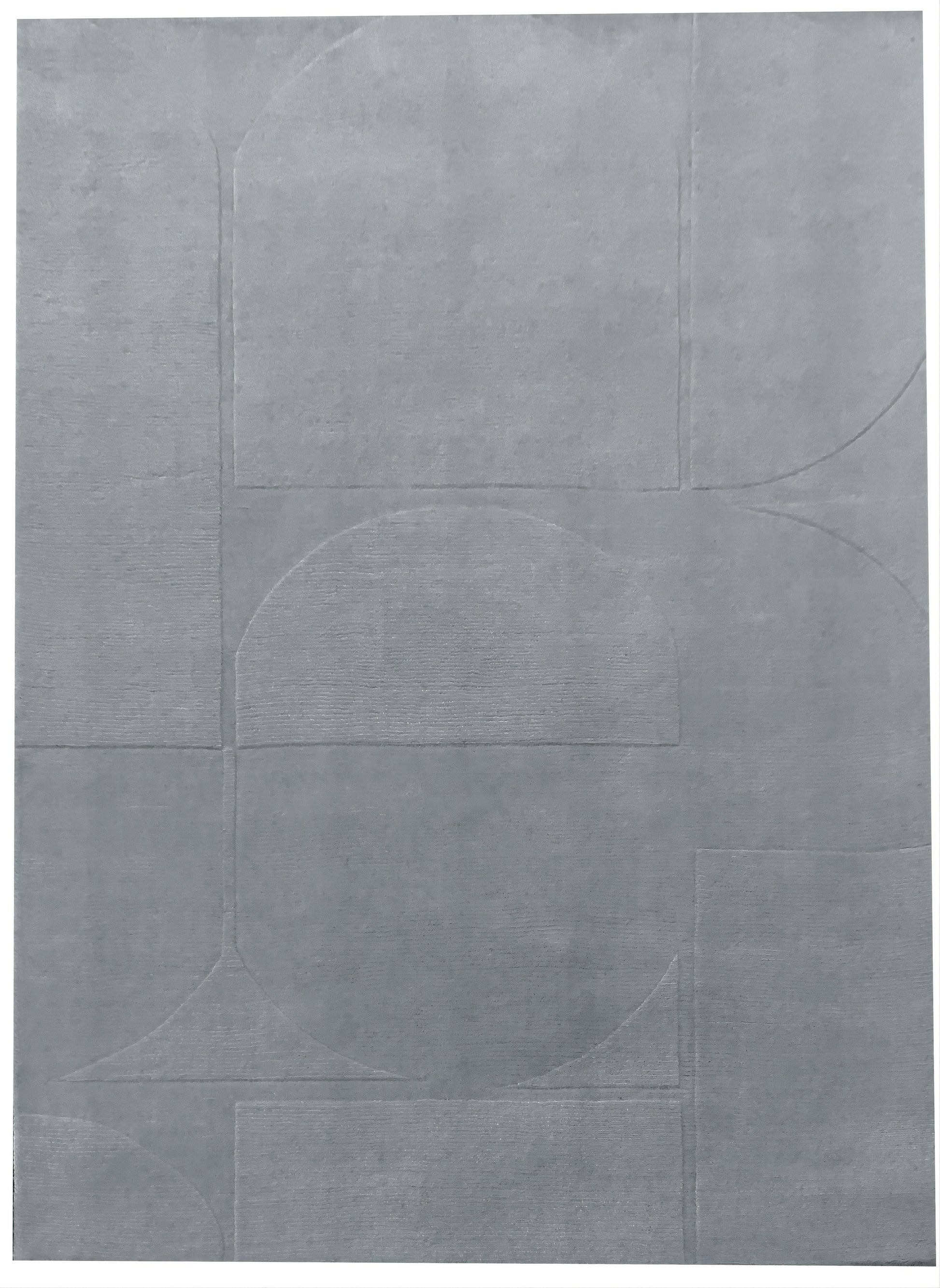 Tapis rectangulaire gris clair, motif géométrique abstrait, ambiance moderne et épurée