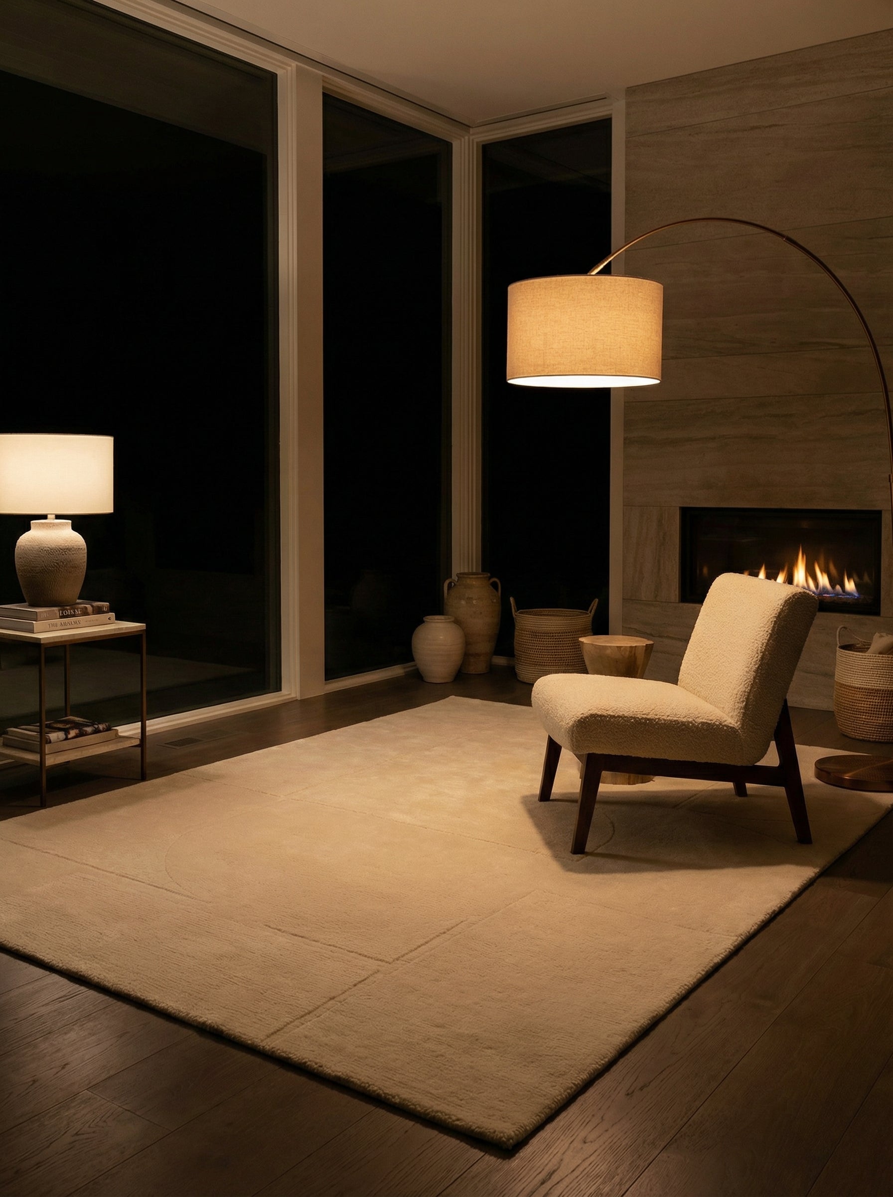 Tapis rectangulaire ivoire. Lumière chaude, ambiance cosy dans une pièce sombre